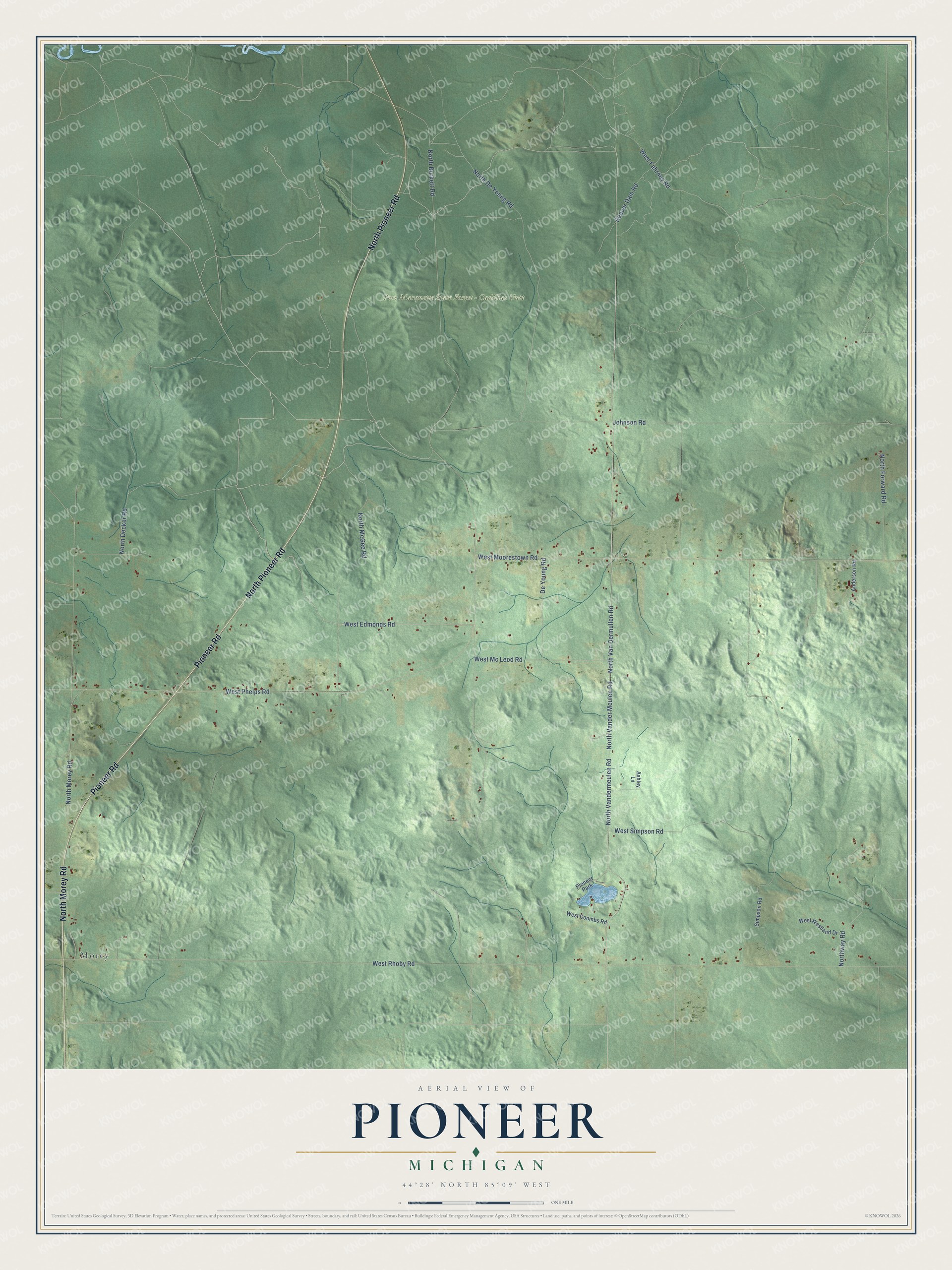 Full map of Pioneer, Michigan, with red buildings, printed street names and the land around them