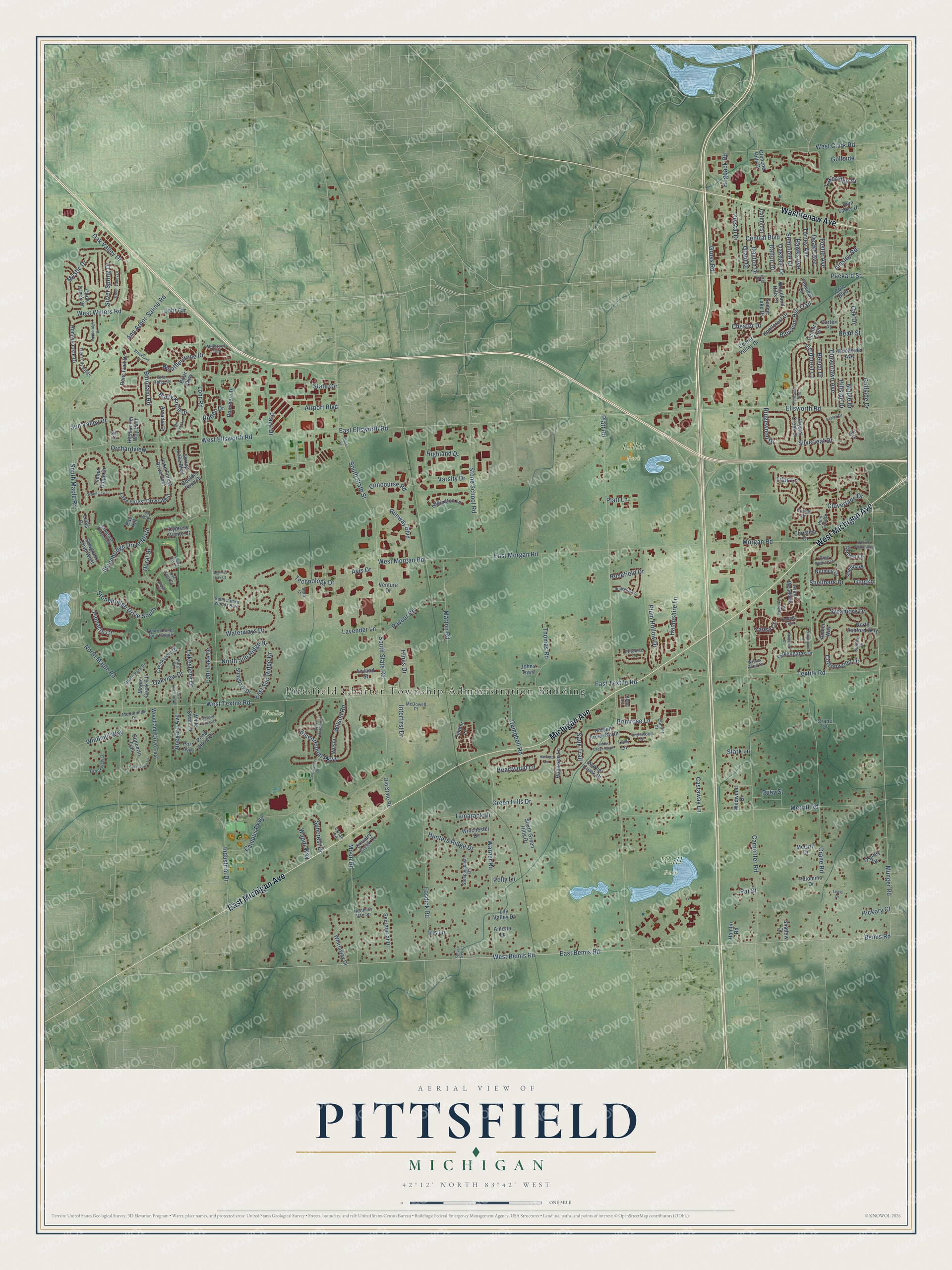 Full map of Pittsfield, Michigan, with red buildings, printed street names and the land around them
