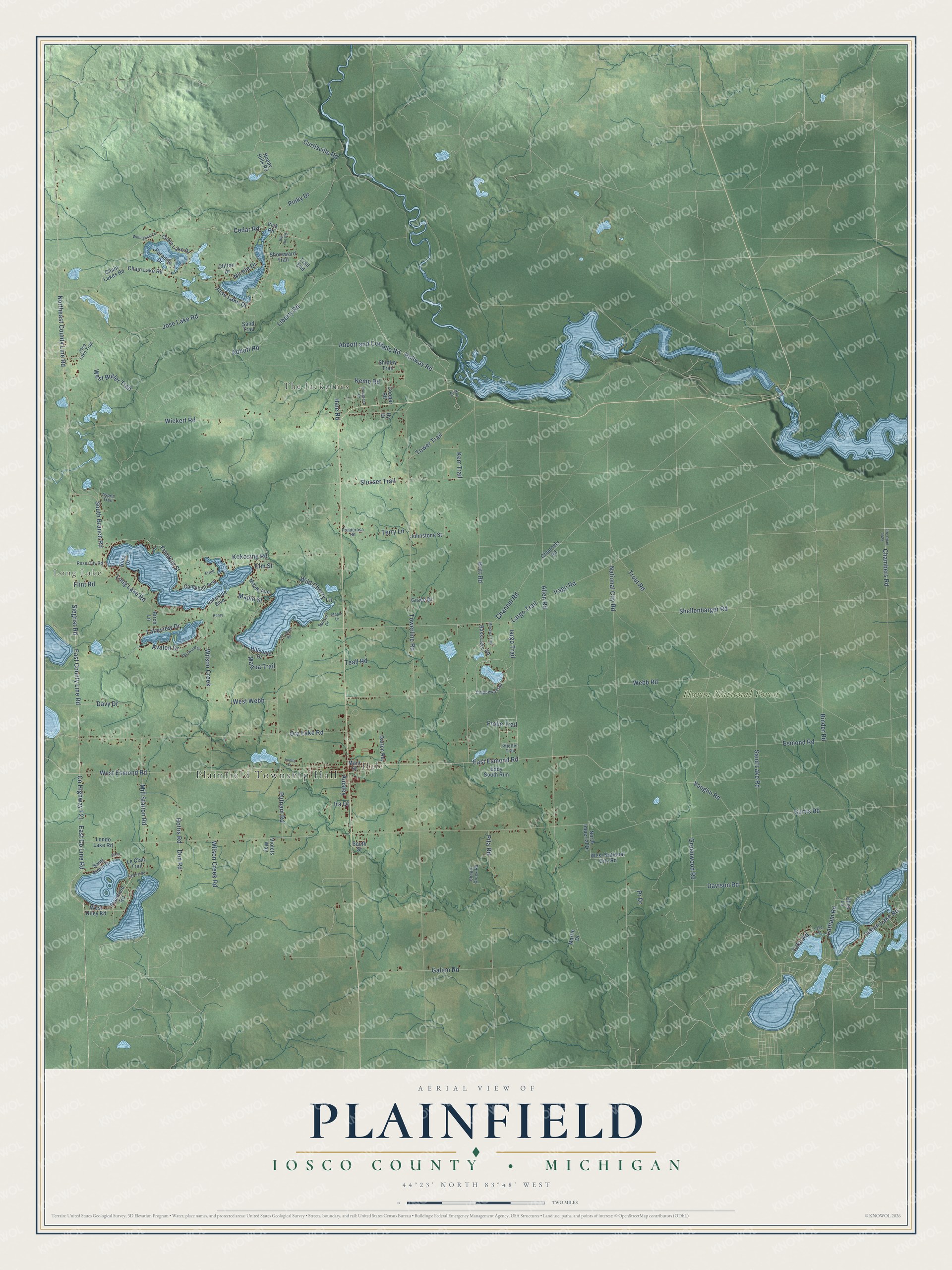 Full map of Plainfield, Michigan, with red buildings, printed street names and the land around them
