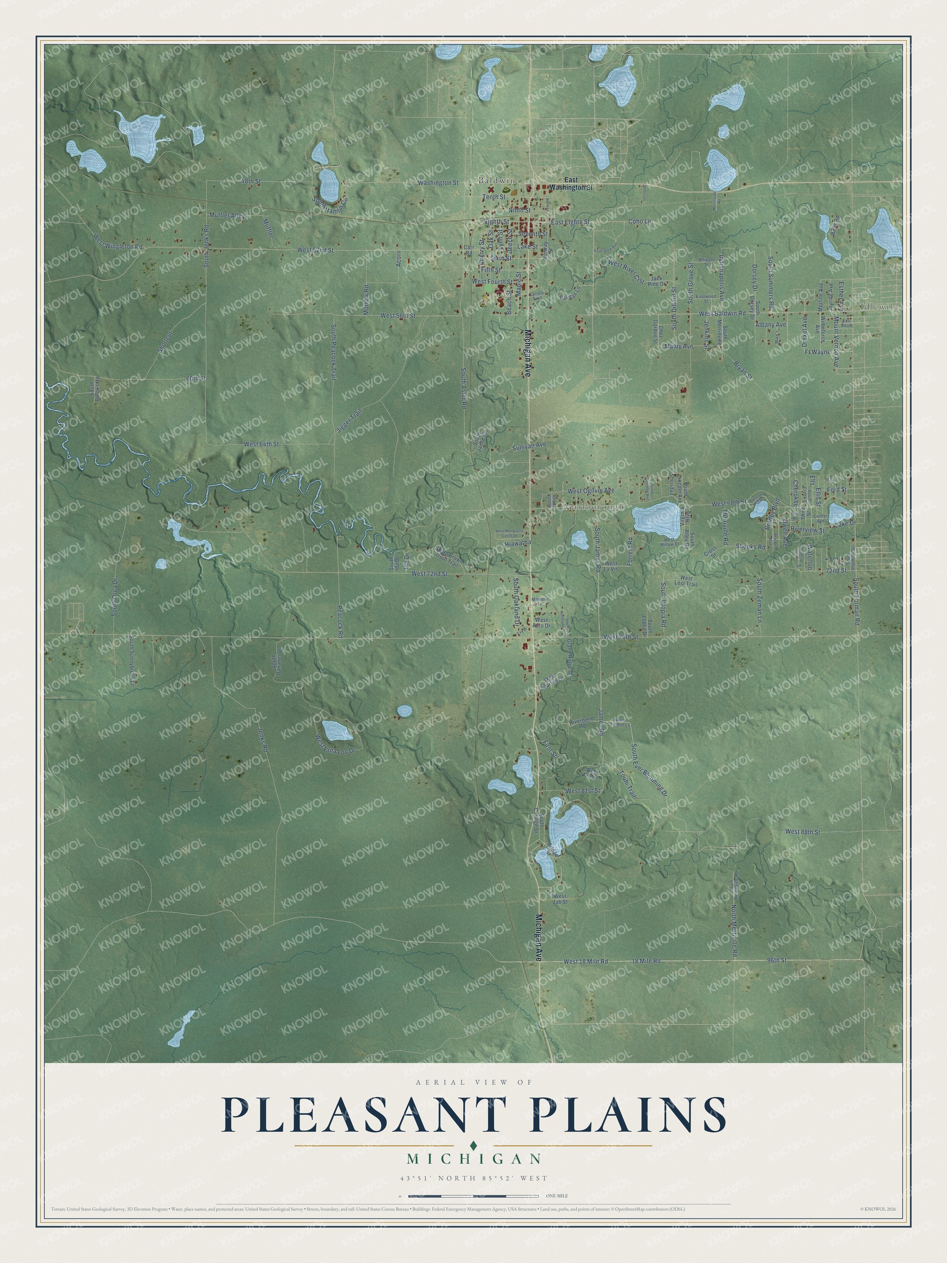 Full map of Pleasant Plains, Michigan, with red buildings, printed street names and the land around them
