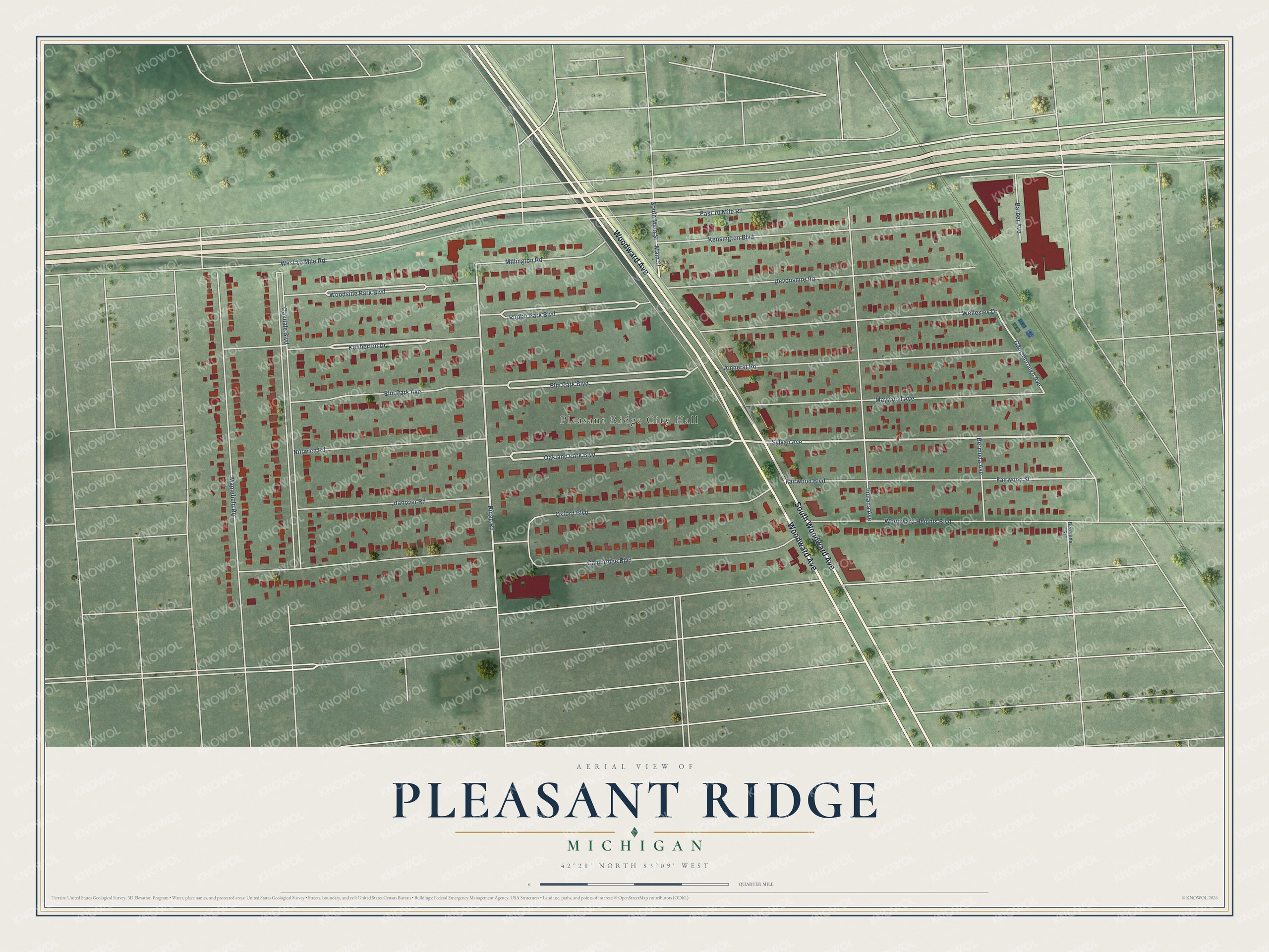 Full map of Pleasant Ridge, Michigan, with red buildings, printed street names and the land around them