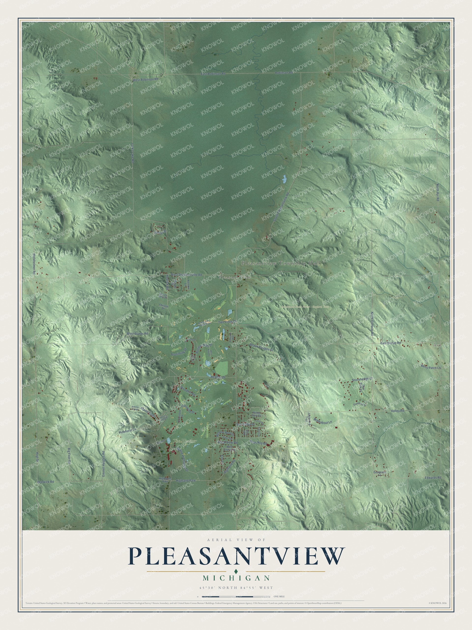 Full map of Pleasantview, Michigan, with red buildings, printed street names and the land around them