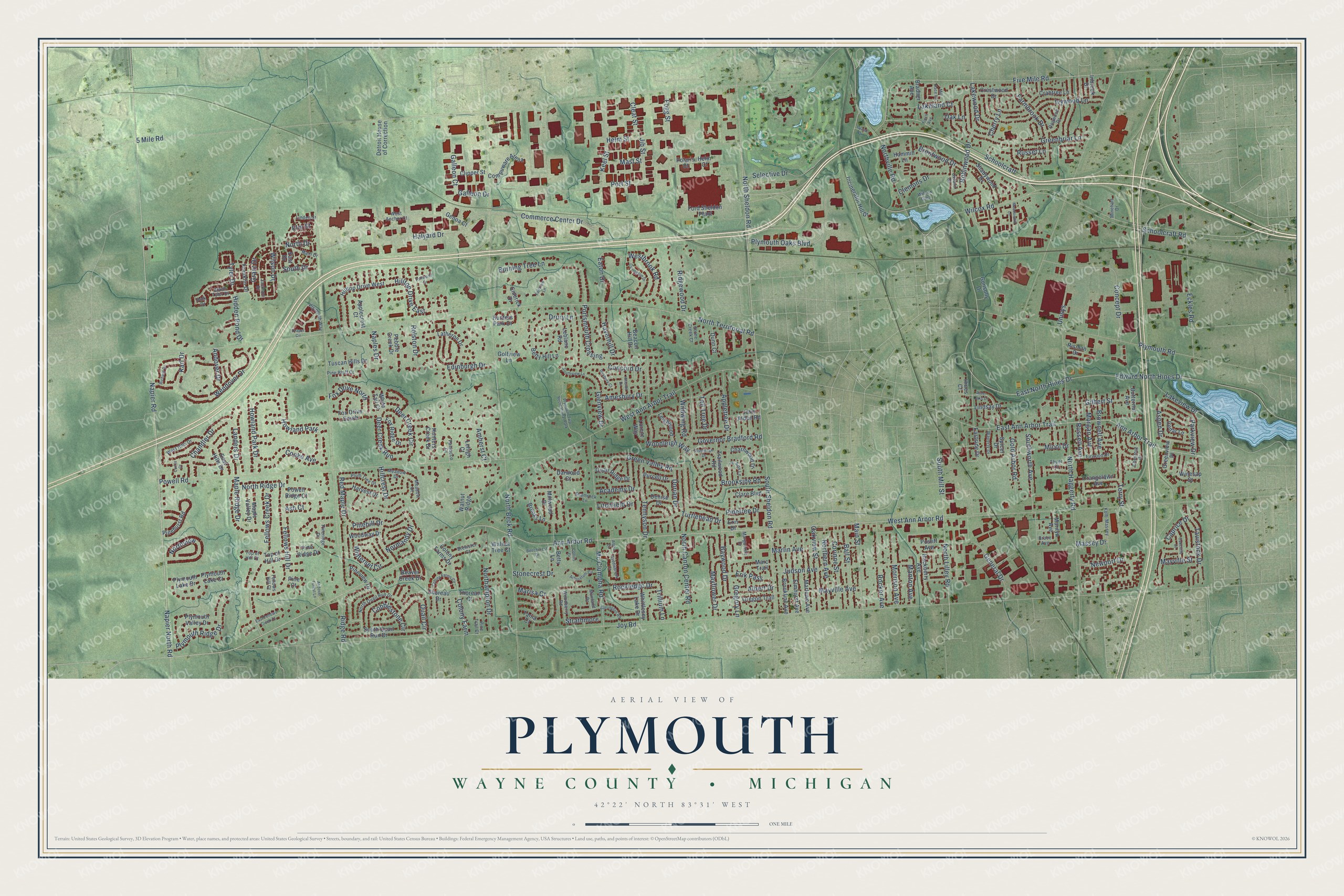 Full map of Plymouth, Michigan, with red buildings, printed street names and the land around them