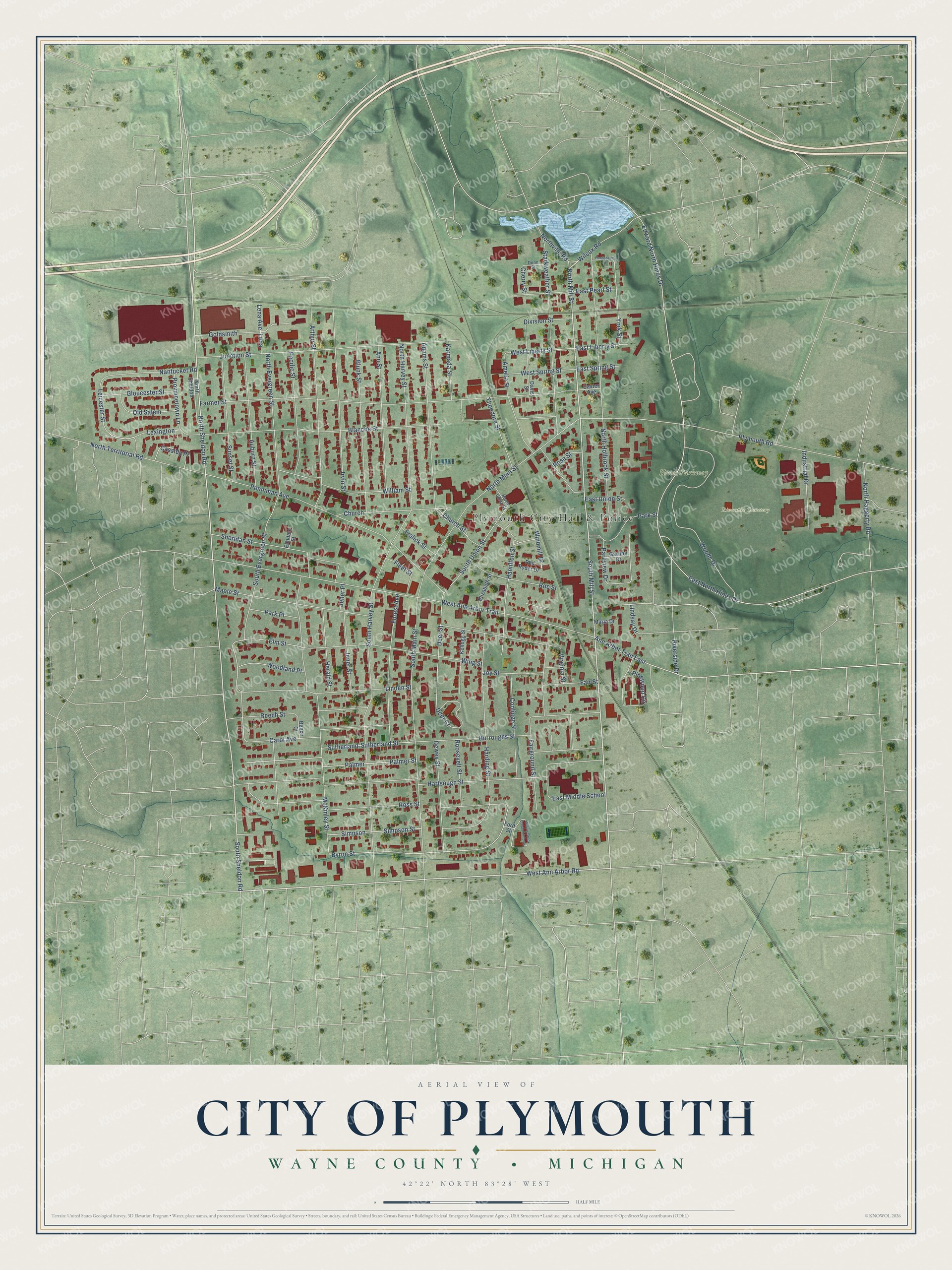Full map of Plymouth, Michigan, with red buildings, printed street names and the land around them