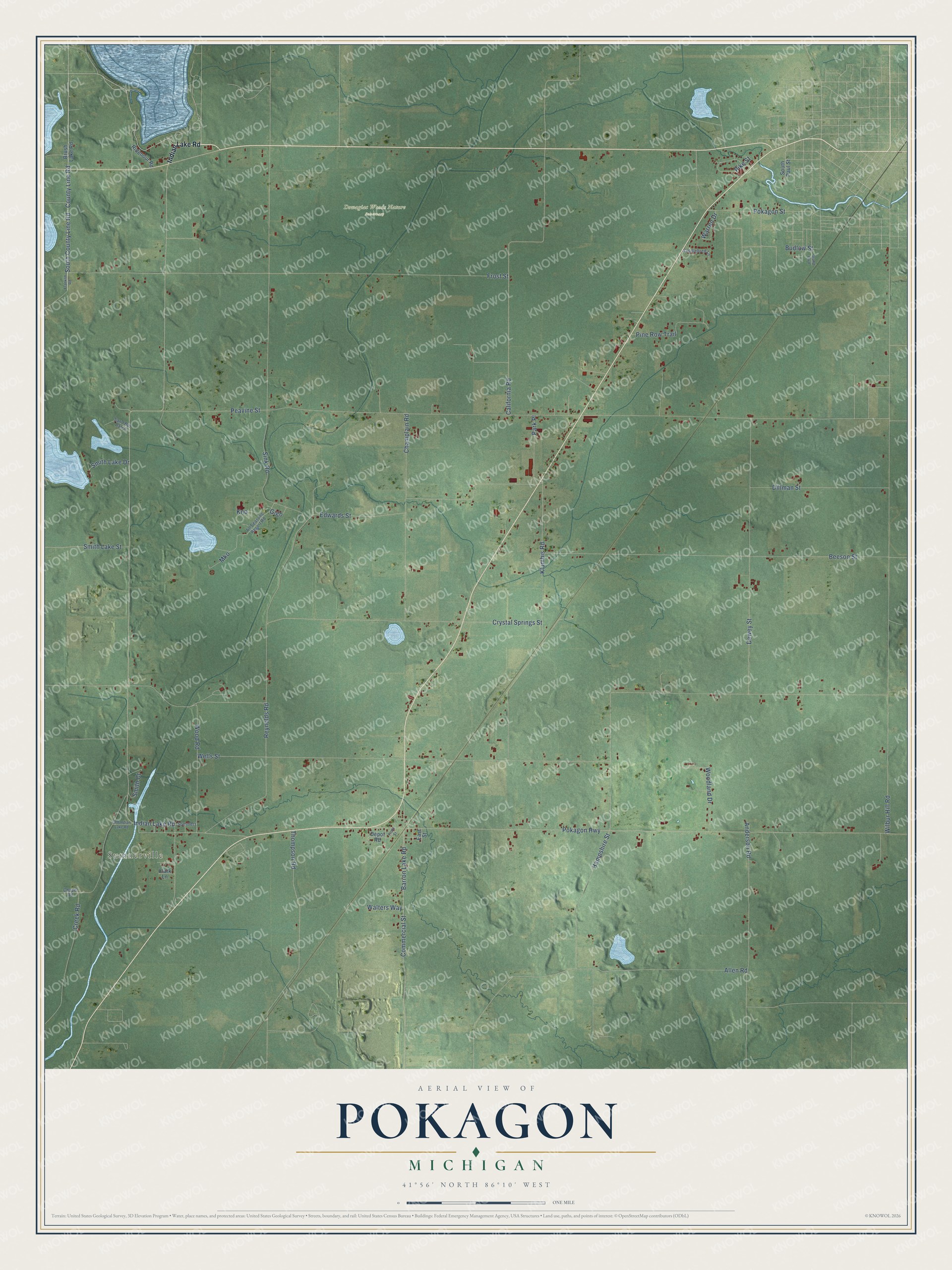 Full map of Pokagon, Michigan, with red buildings, printed street names and the land around them