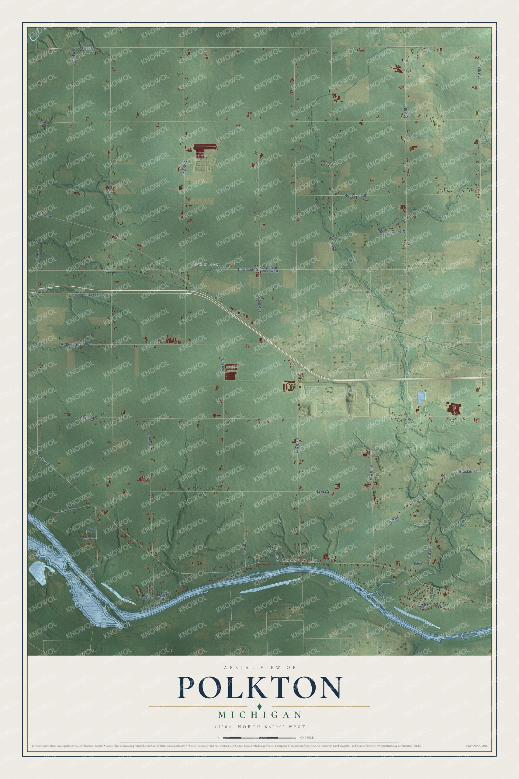 Full map of Polkton, Michigan, with red buildings, printed street names and the land around them