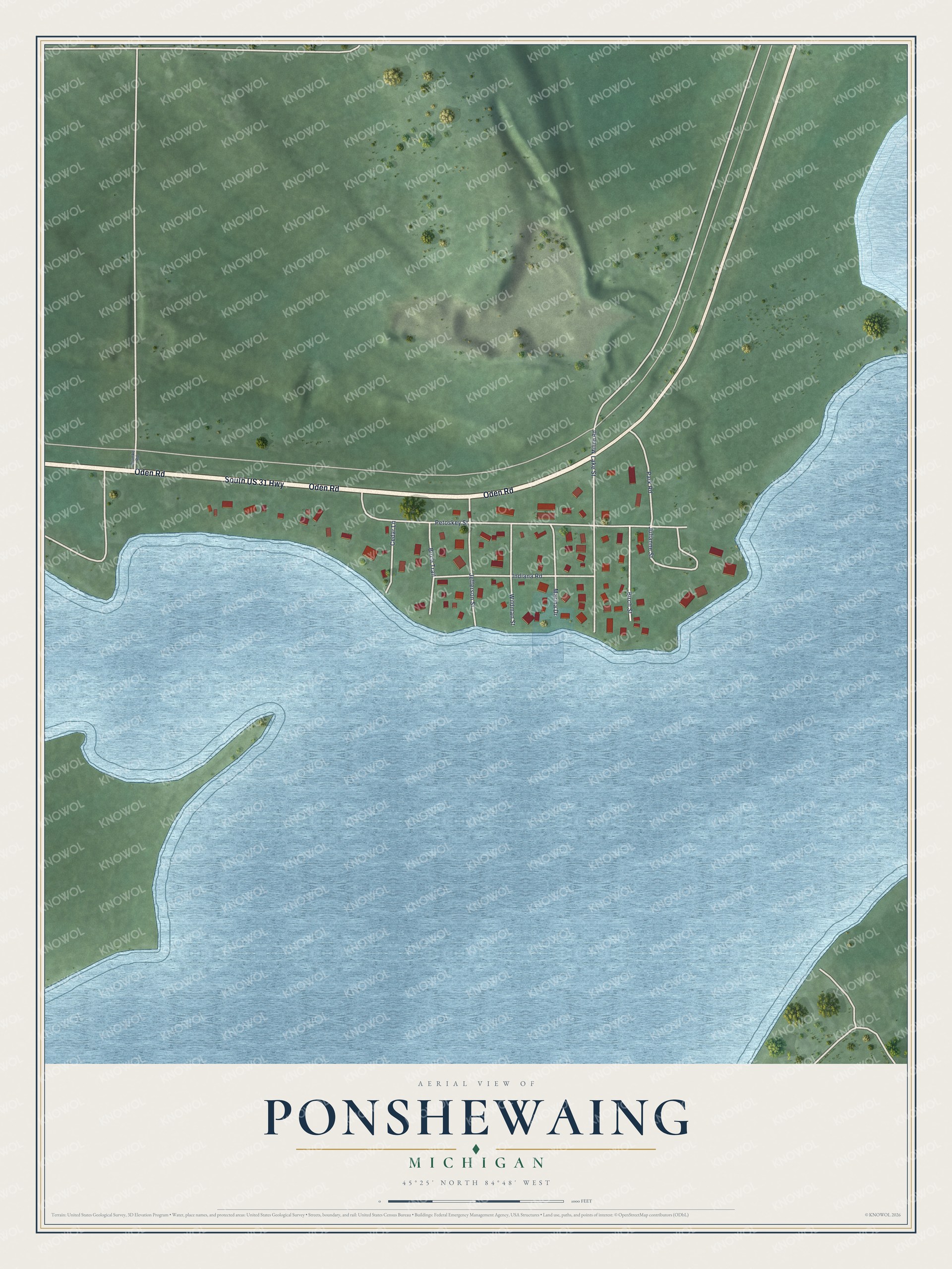 Full map of Ponshewaing, Michigan, with red buildings, printed street names and the land around them