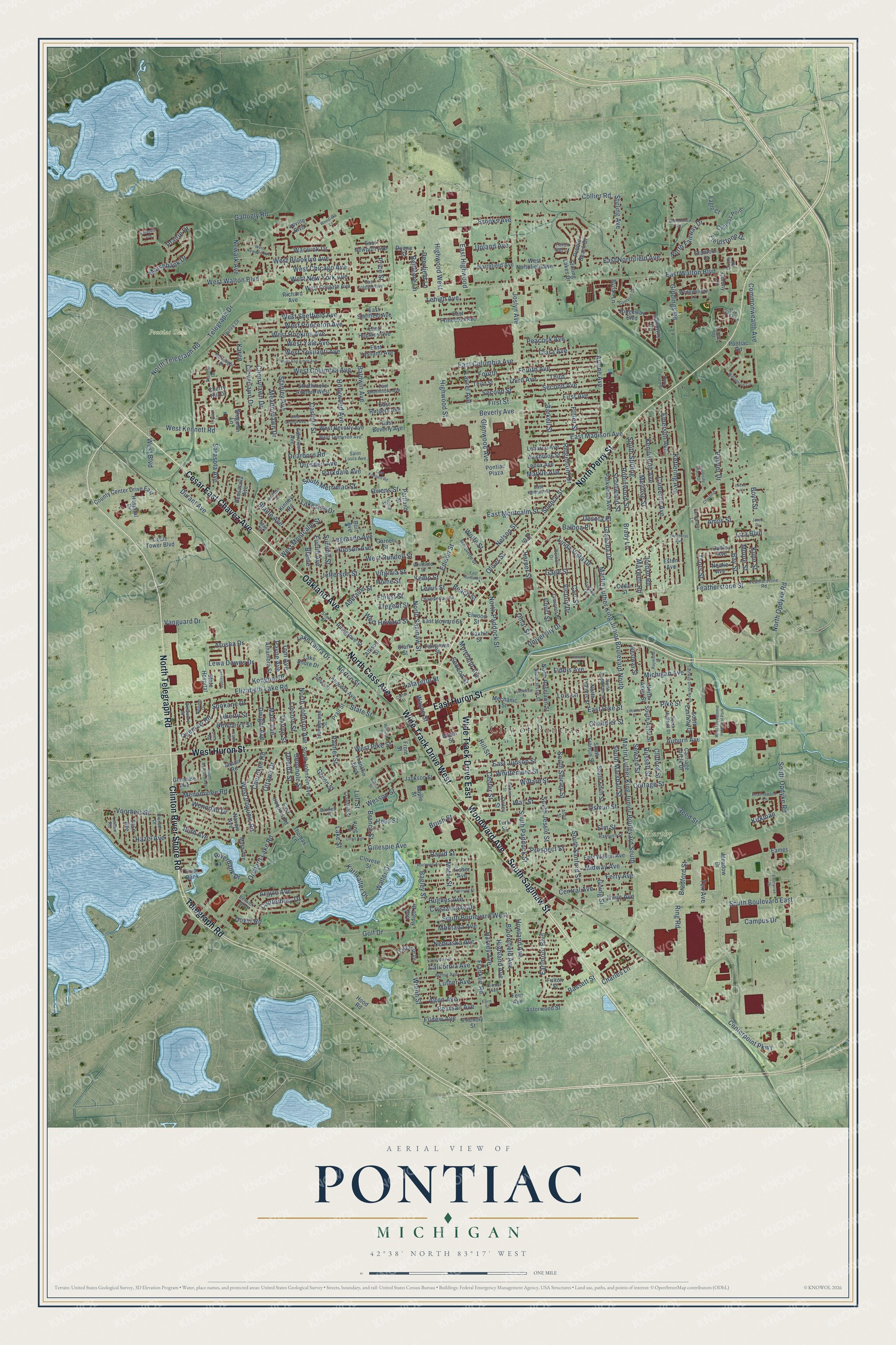 Full map of Pontiac, Michigan, with red buildings, printed street names and the land around them
