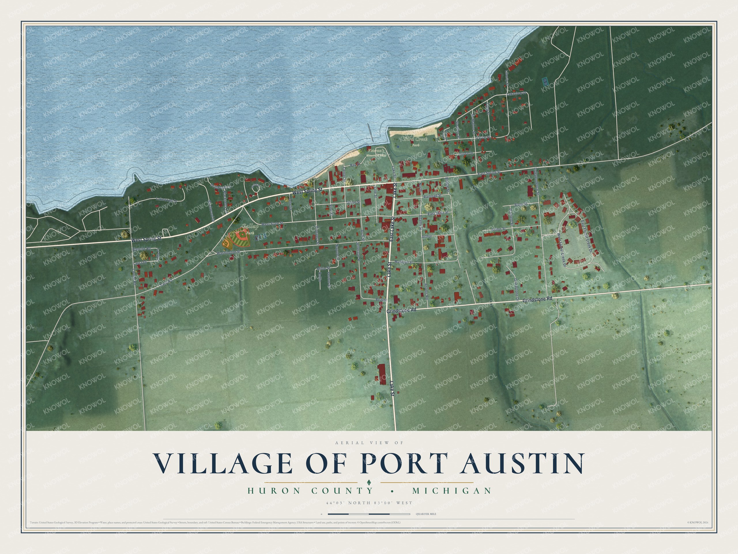 Full map of Port Austin, Michigan, with red buildings, printed street names and the land around them