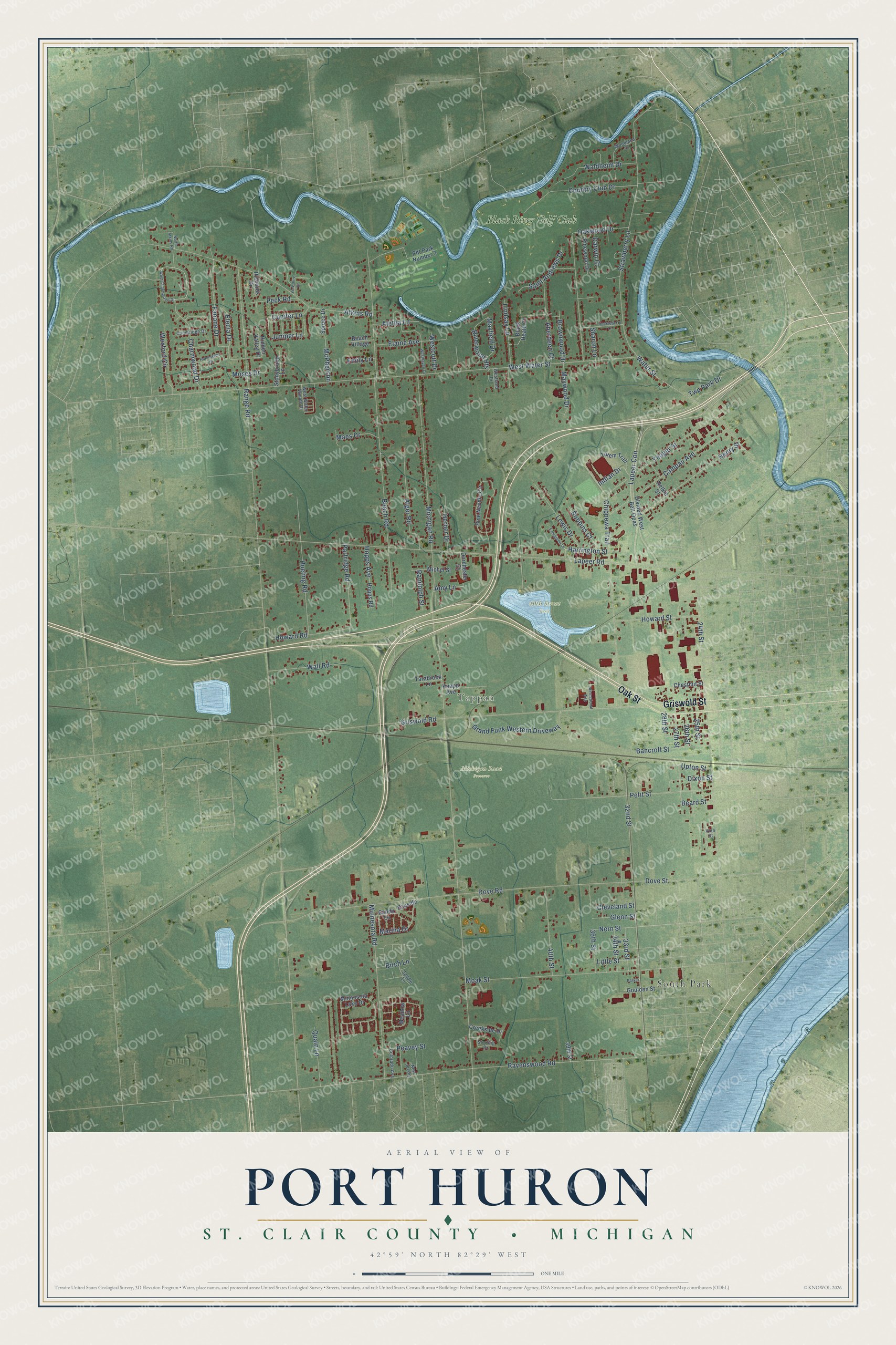 Full map of Port Huron, Michigan, with red buildings, printed street names and the land around them