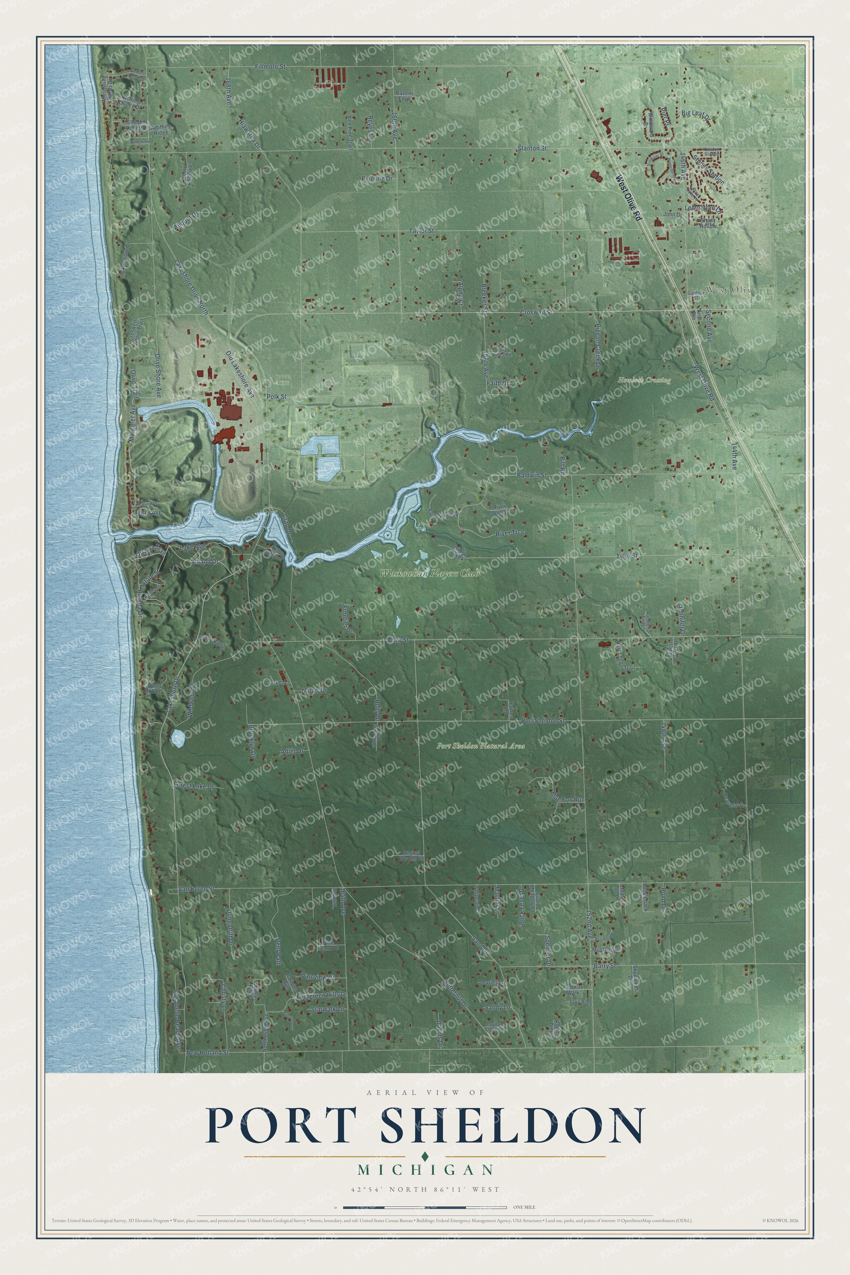 Full map of Port Sheldon, Michigan, with red buildings, printed street names and the land around them