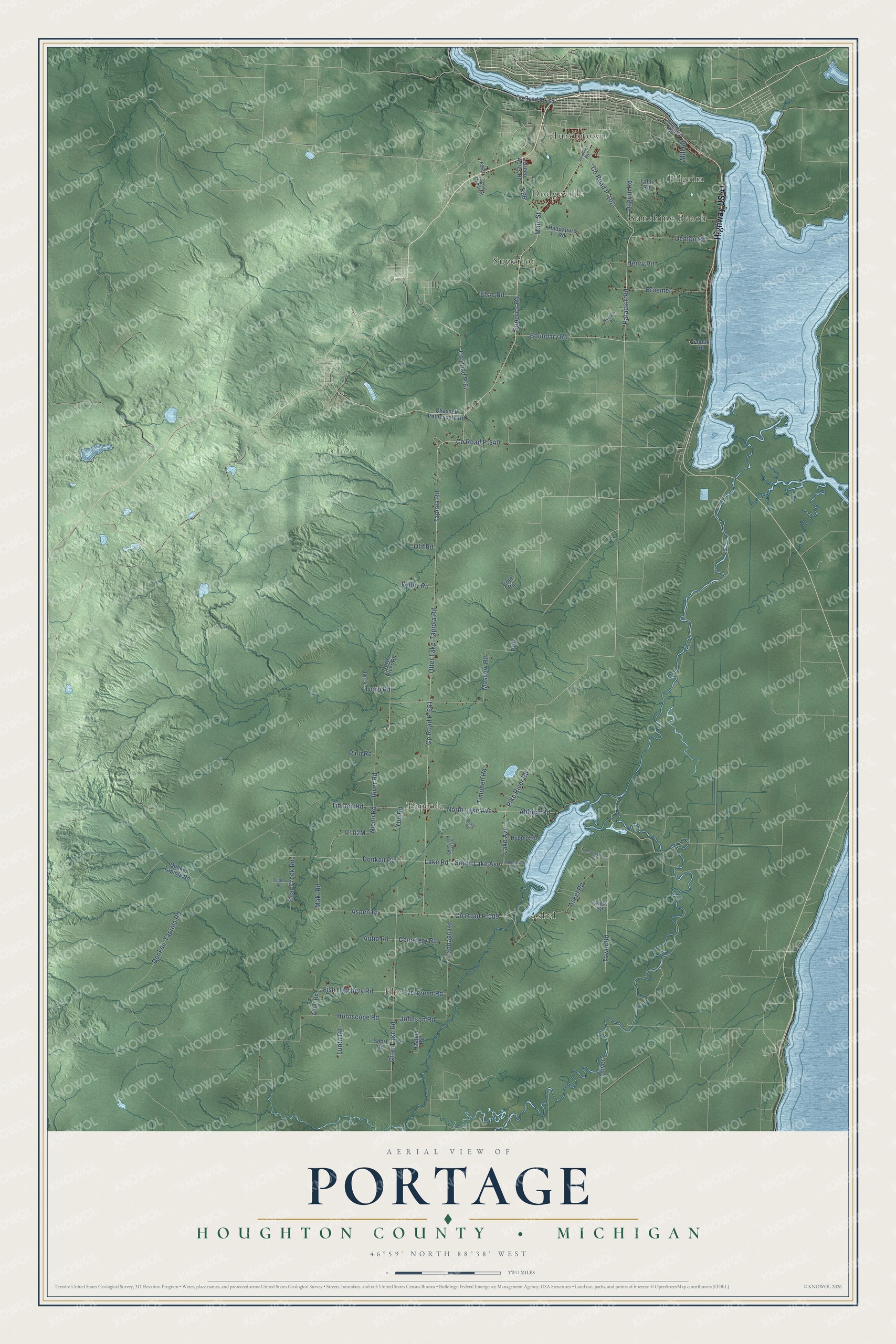 Full map of Portage, Michigan, with red buildings, printed street names and the land around them