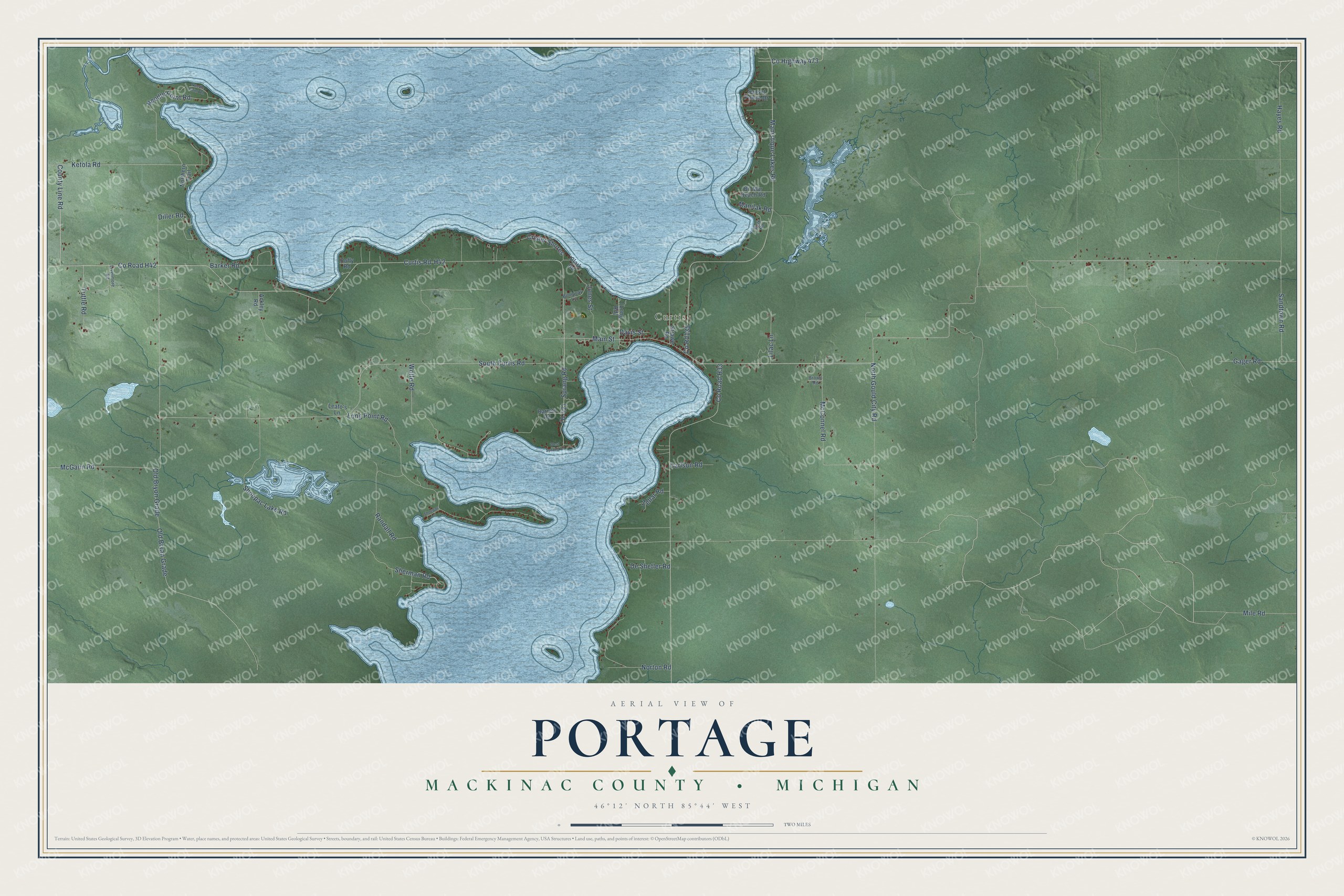 Full map of Portage, Michigan, with red buildings, printed street names and the land around them