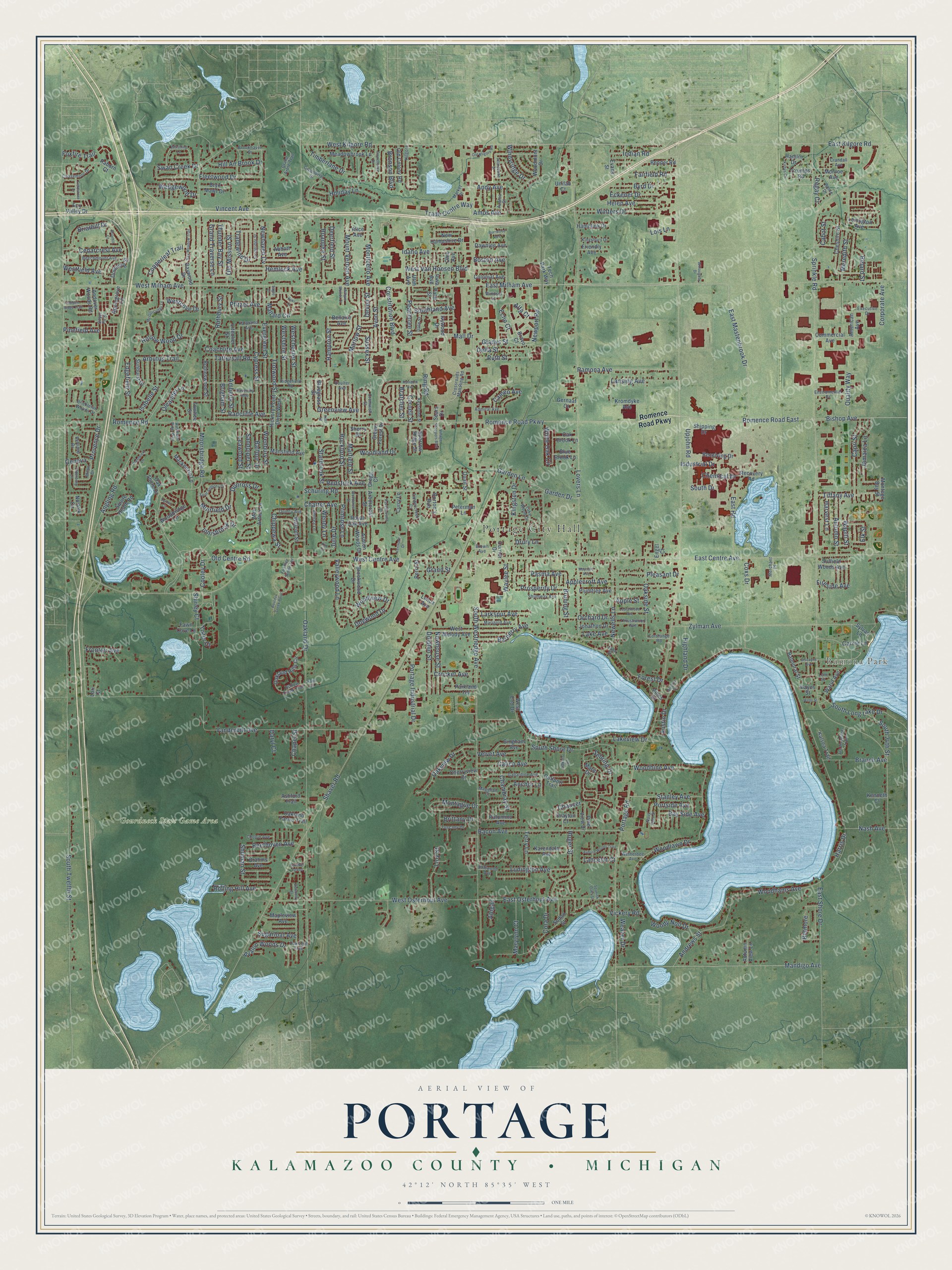 Full map of Portage, Michigan, with red buildings, printed street names and the land around them