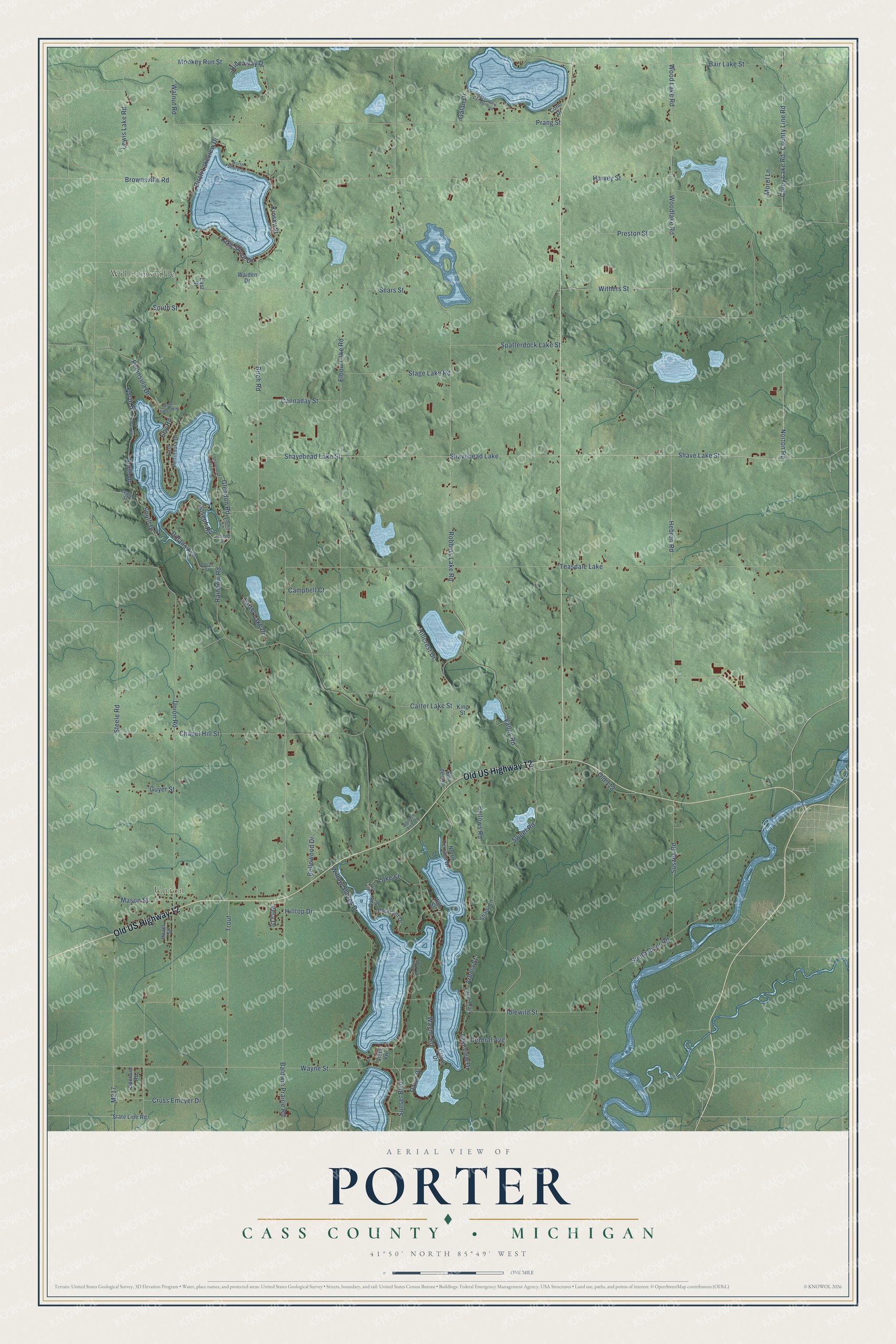 Full map of Porter, Michigan, with red buildings, printed street names and the land around them