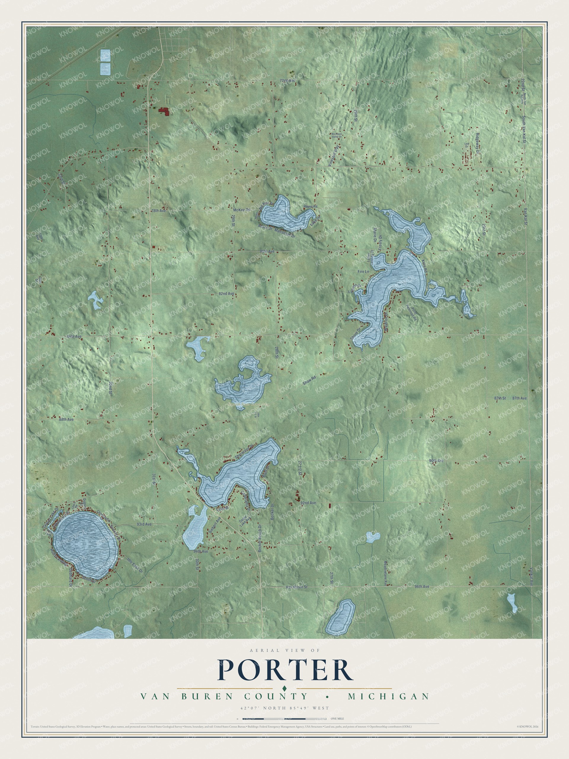 Full map of Porter, Michigan, with red buildings, printed street names and the land around them