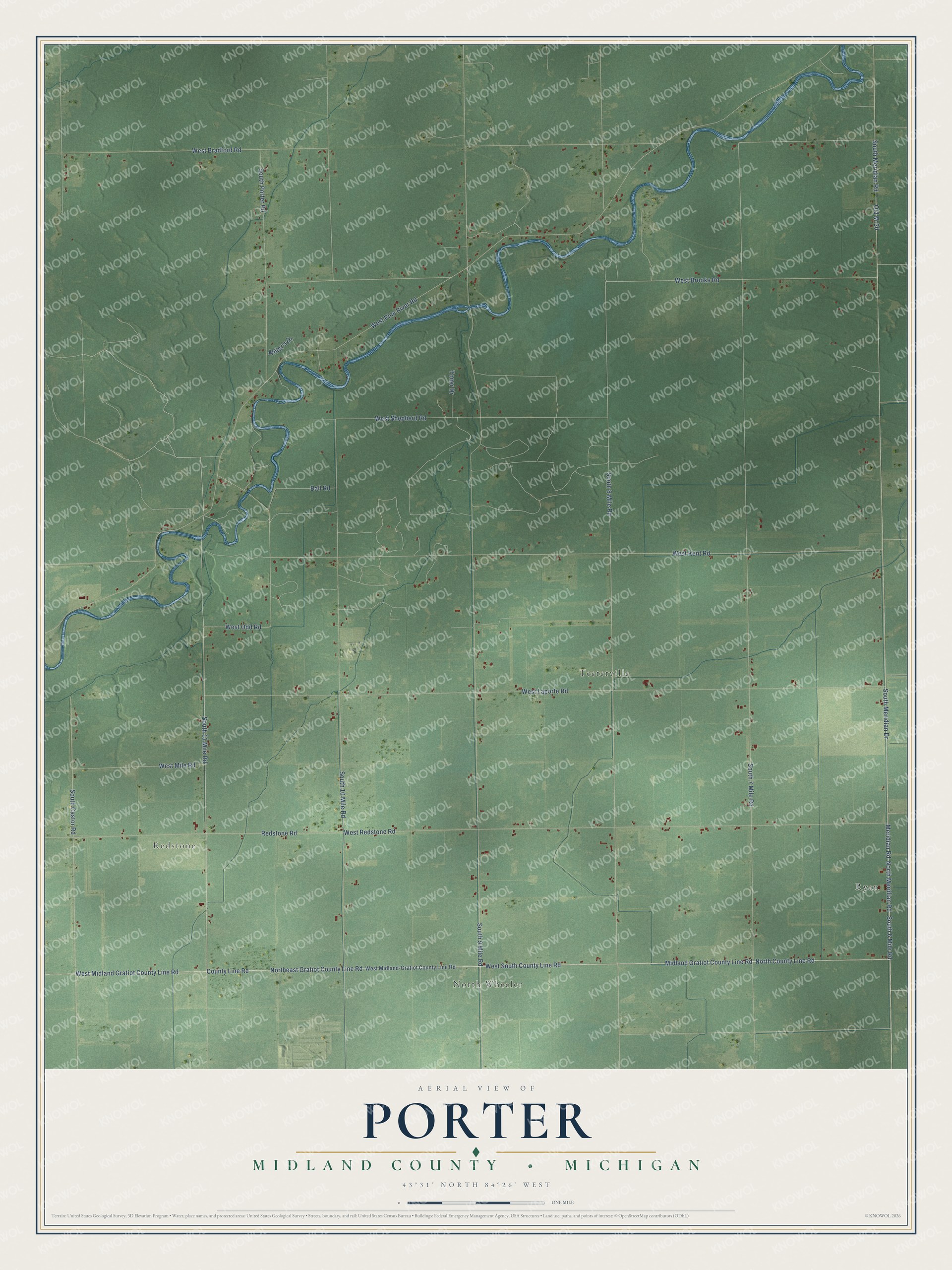 Full map of Porter, Michigan, with red buildings, printed street names and the land around them