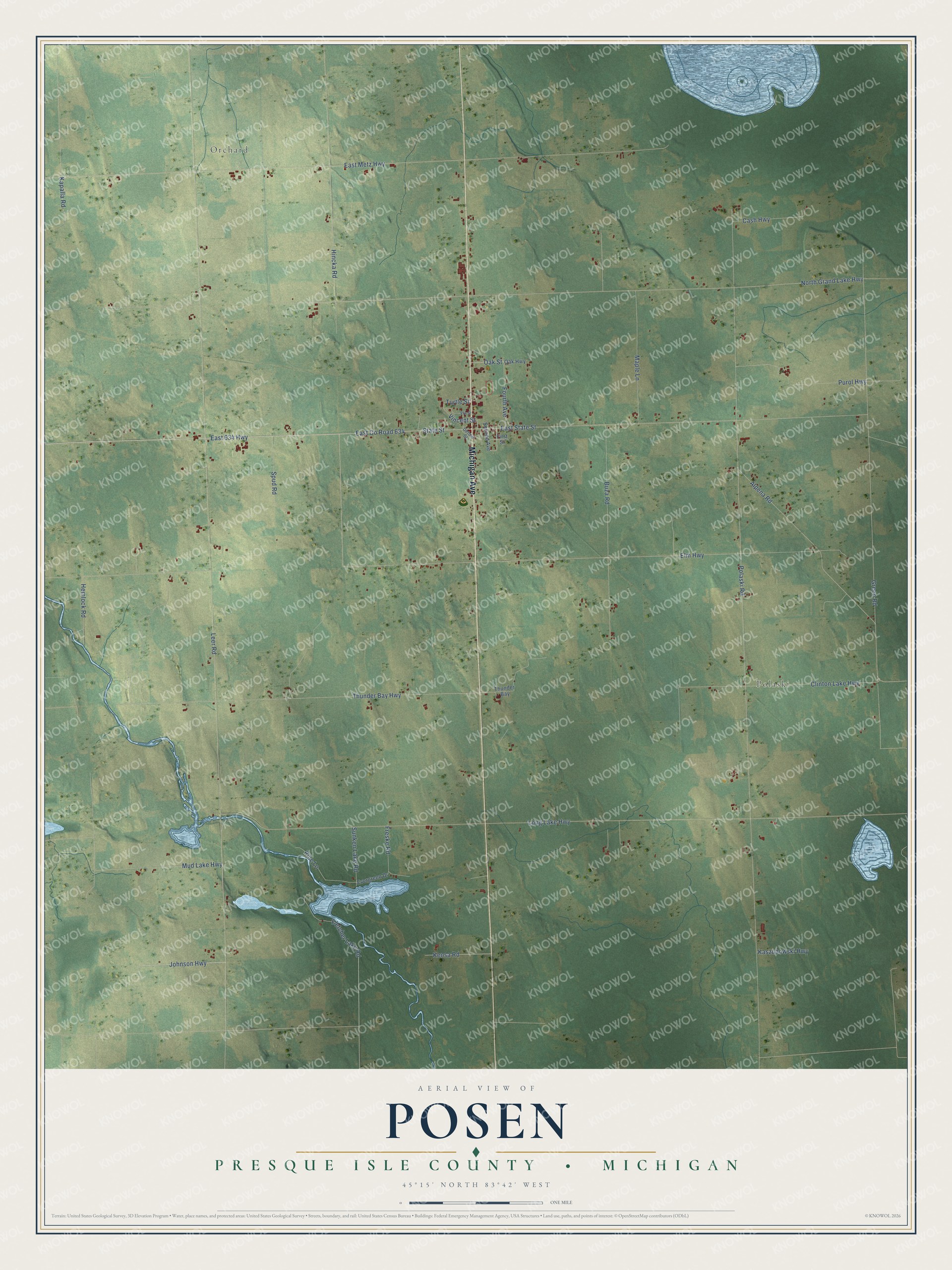 Full map of Posen, Michigan, with red buildings, printed street names and the land around them
