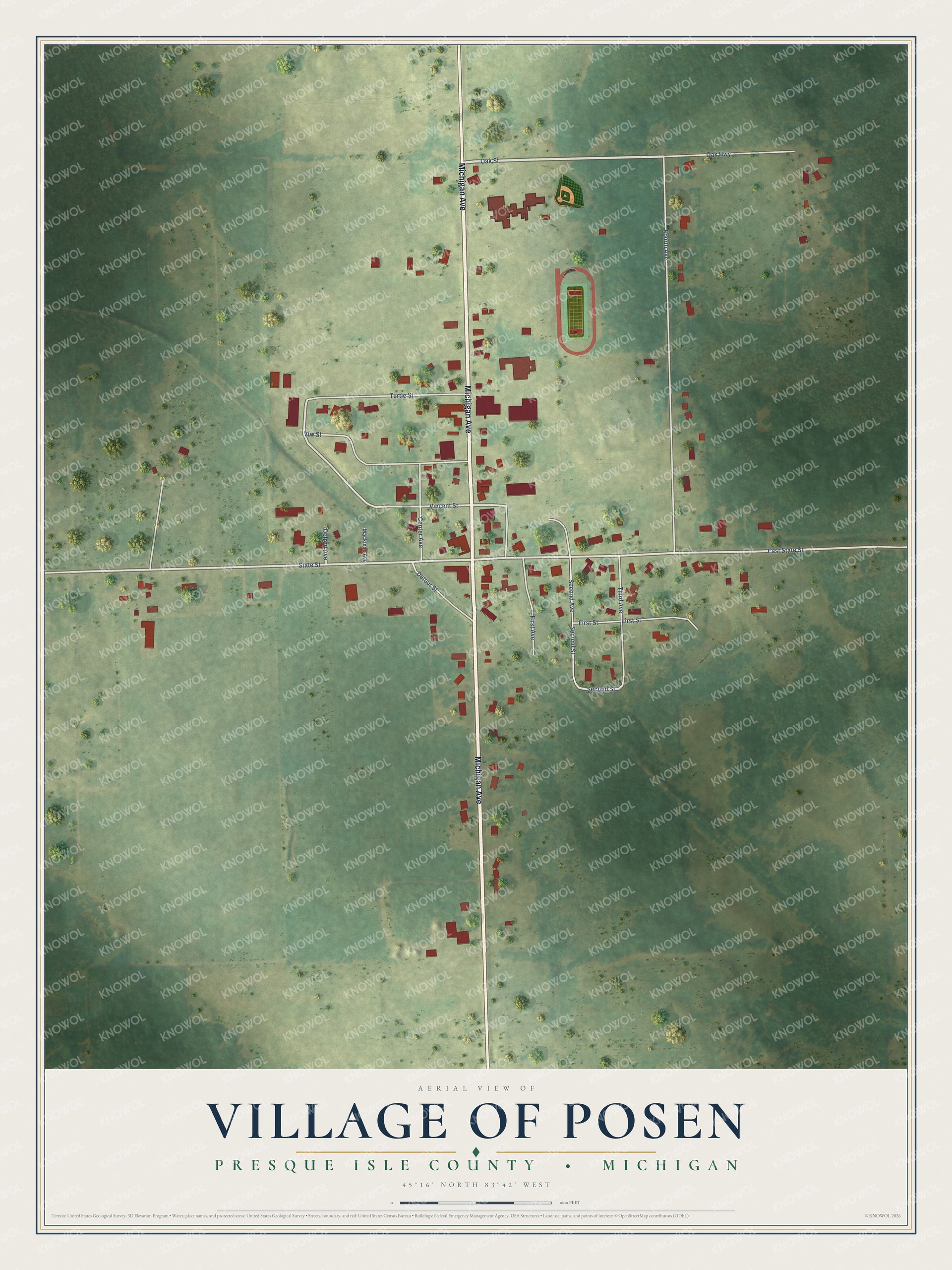 Full map of Posen, Michigan, with red buildings, printed street names and the land around them