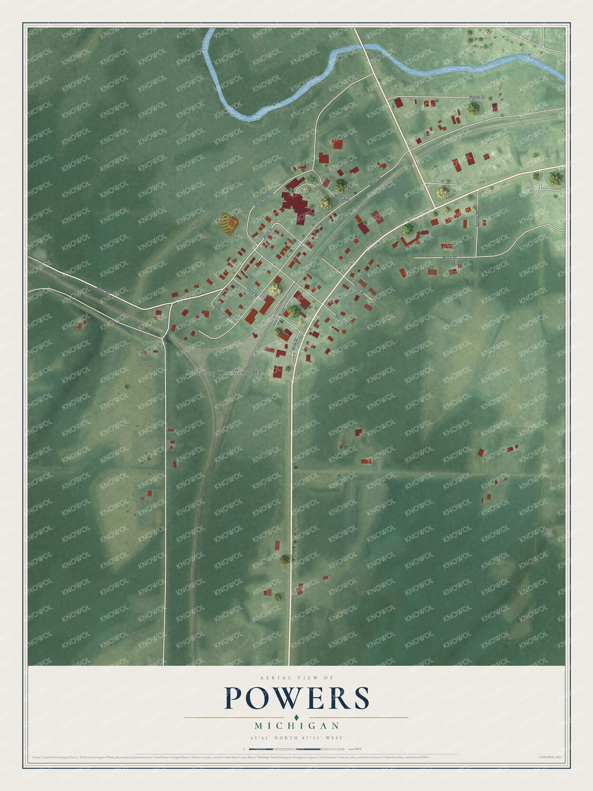 Full map of Powers, Michigan, with red buildings, printed street names and the land around them