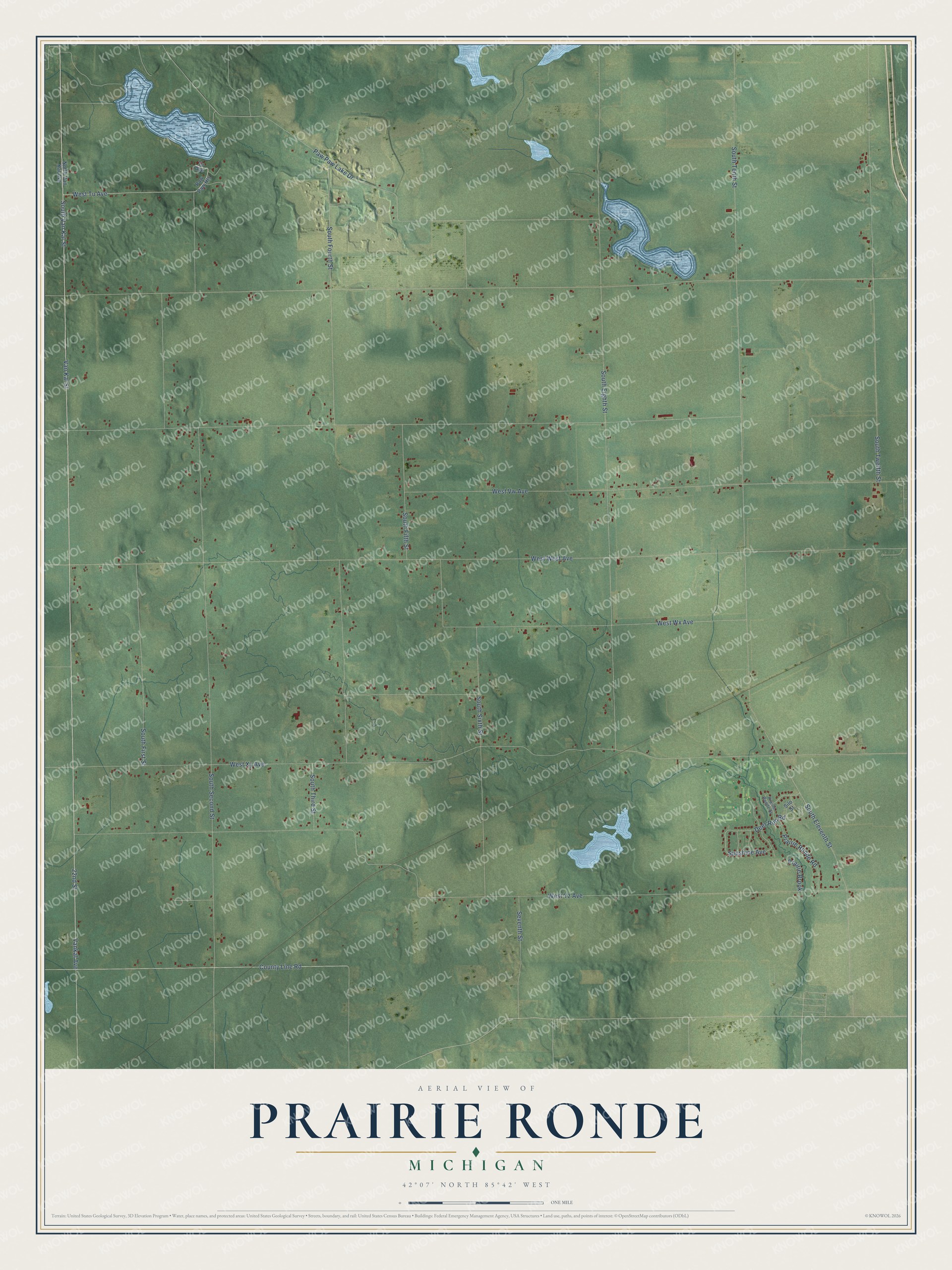 Full map of Prairie Ronde, Michigan, with red buildings, printed street names and the land around them
