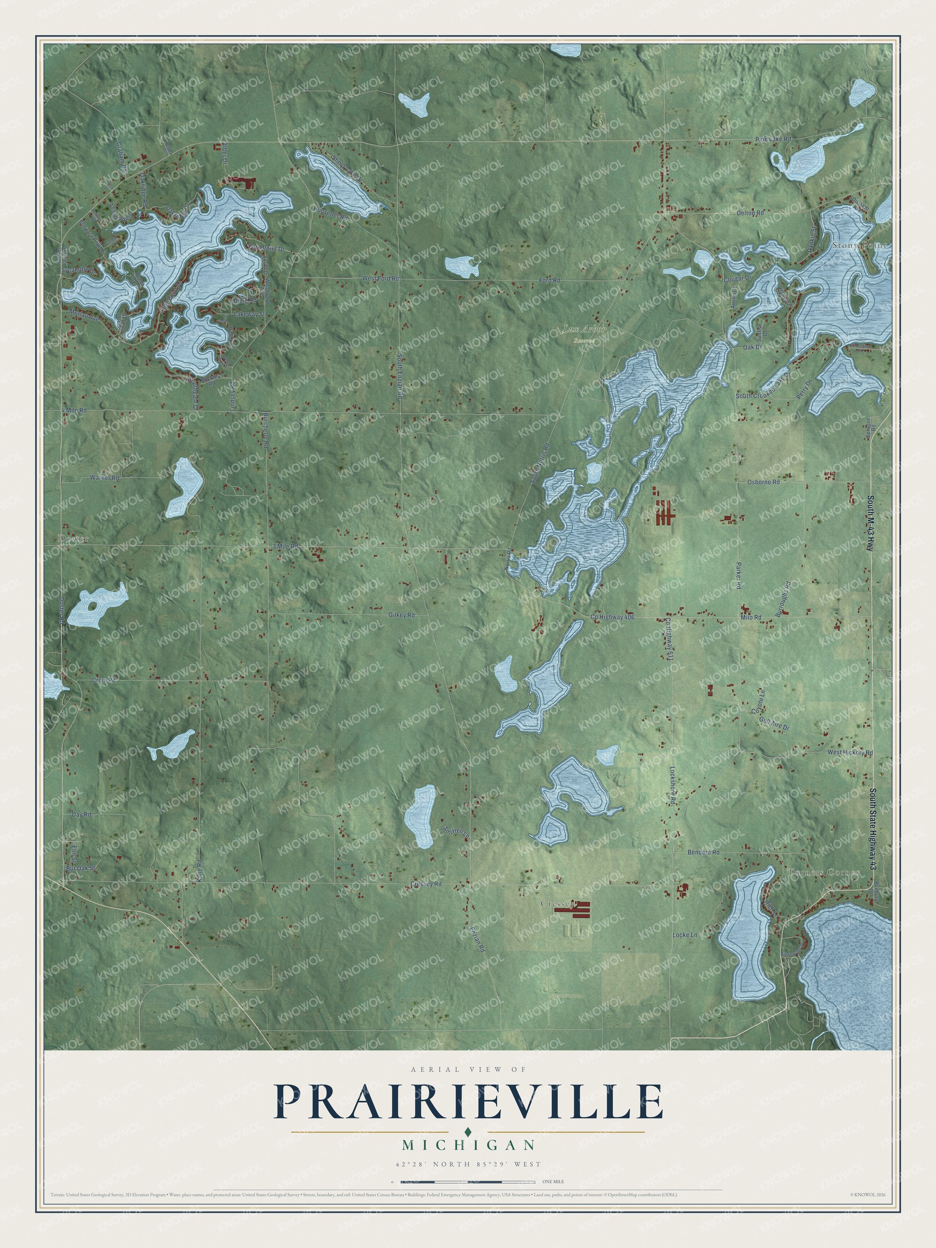 Full map of Prairieville, Michigan, with red buildings, printed street names and the land around them