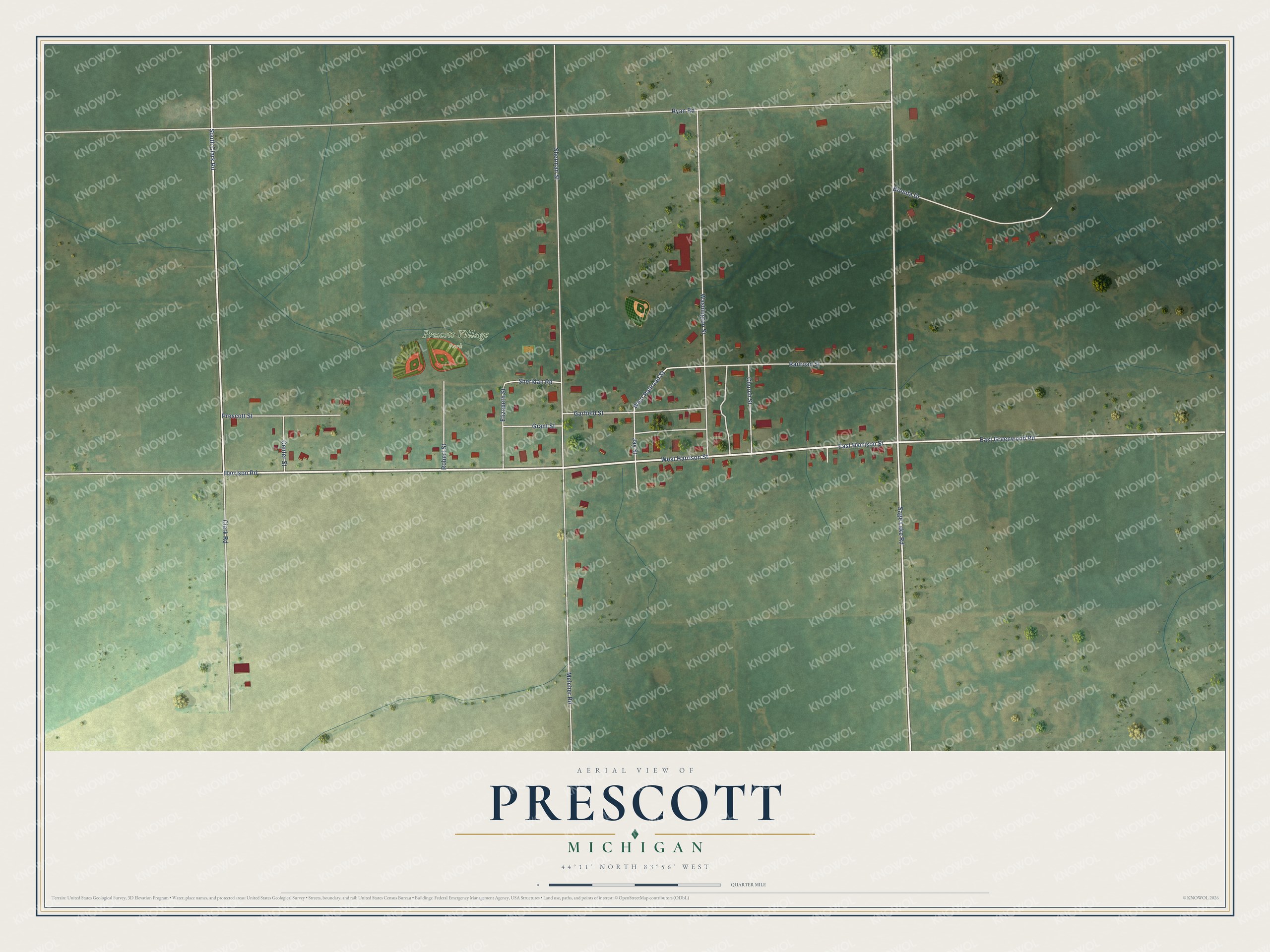 Full map of Prescott, Michigan, with red buildings, printed street names and the land around them