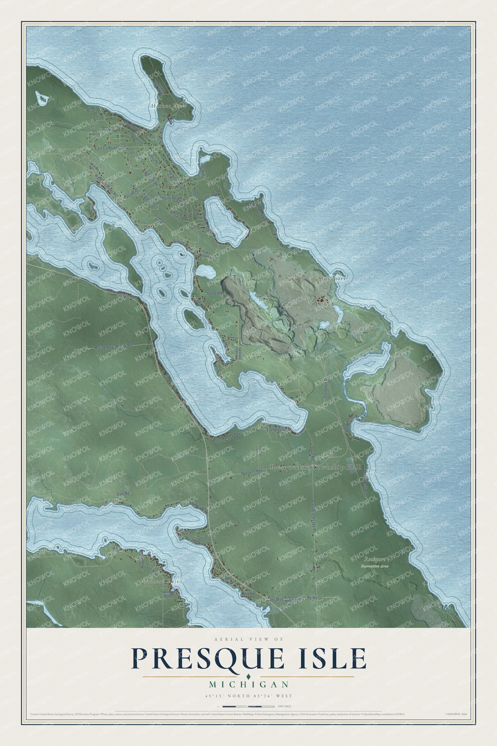 Full map of Presque Isle, Michigan, with red buildings, printed street names and the land around them