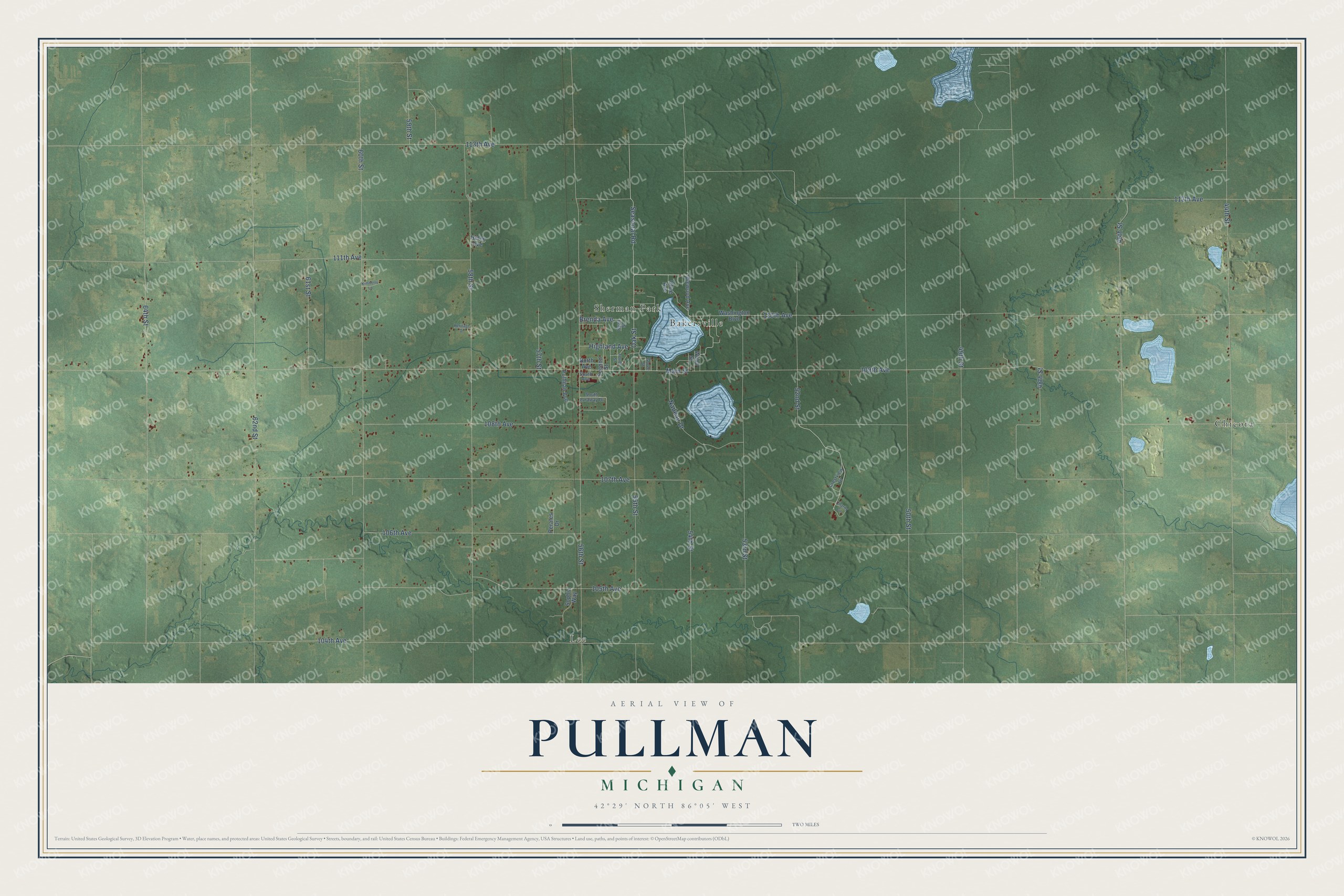 Full map of Pullman, Michigan, with red buildings, printed street names and the land around them