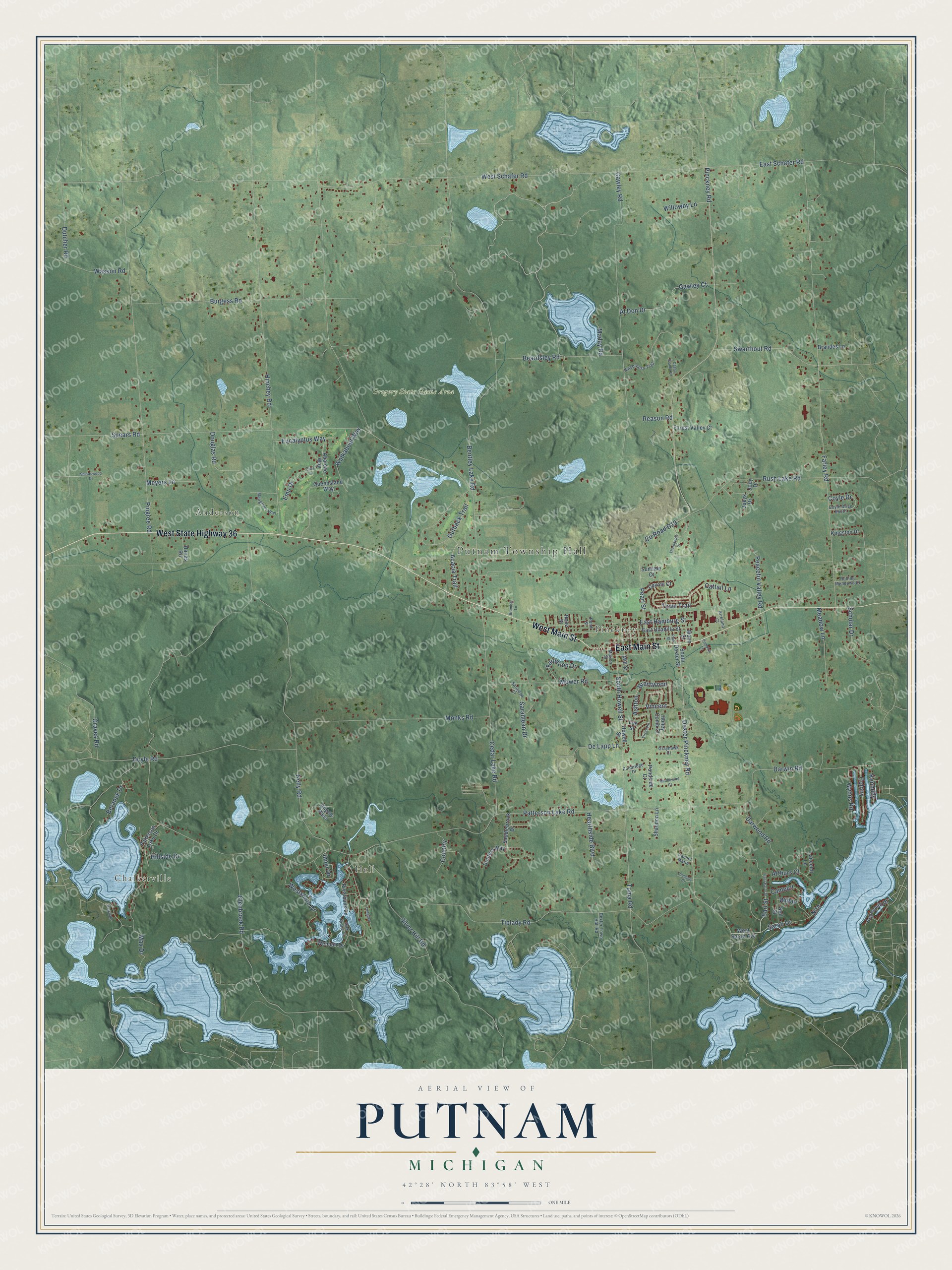 Full map of Putnam, Michigan, with red buildings, printed street names and the land around them