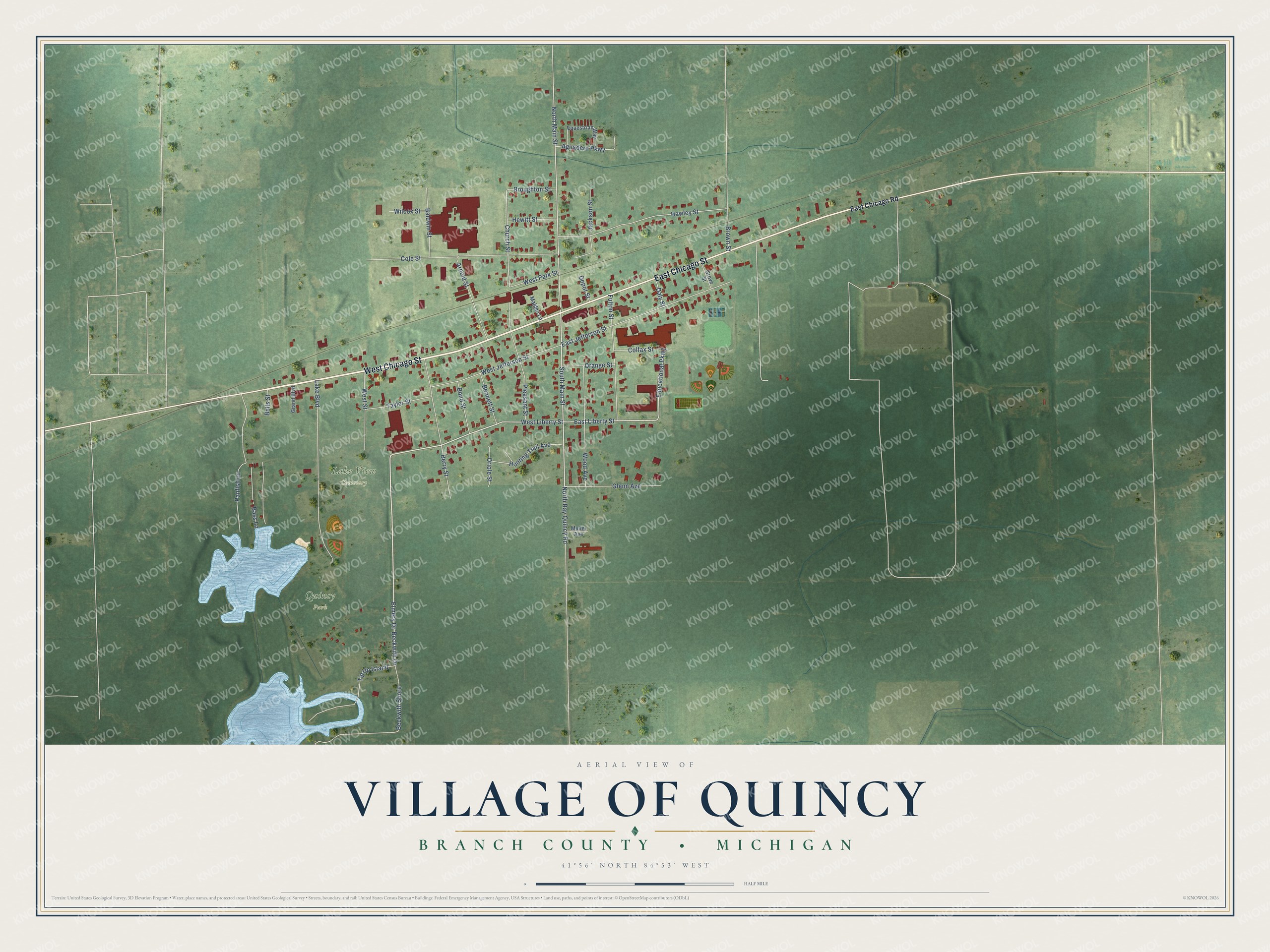 Full map of Quincy, Michigan, with red buildings, printed street names and the land around them