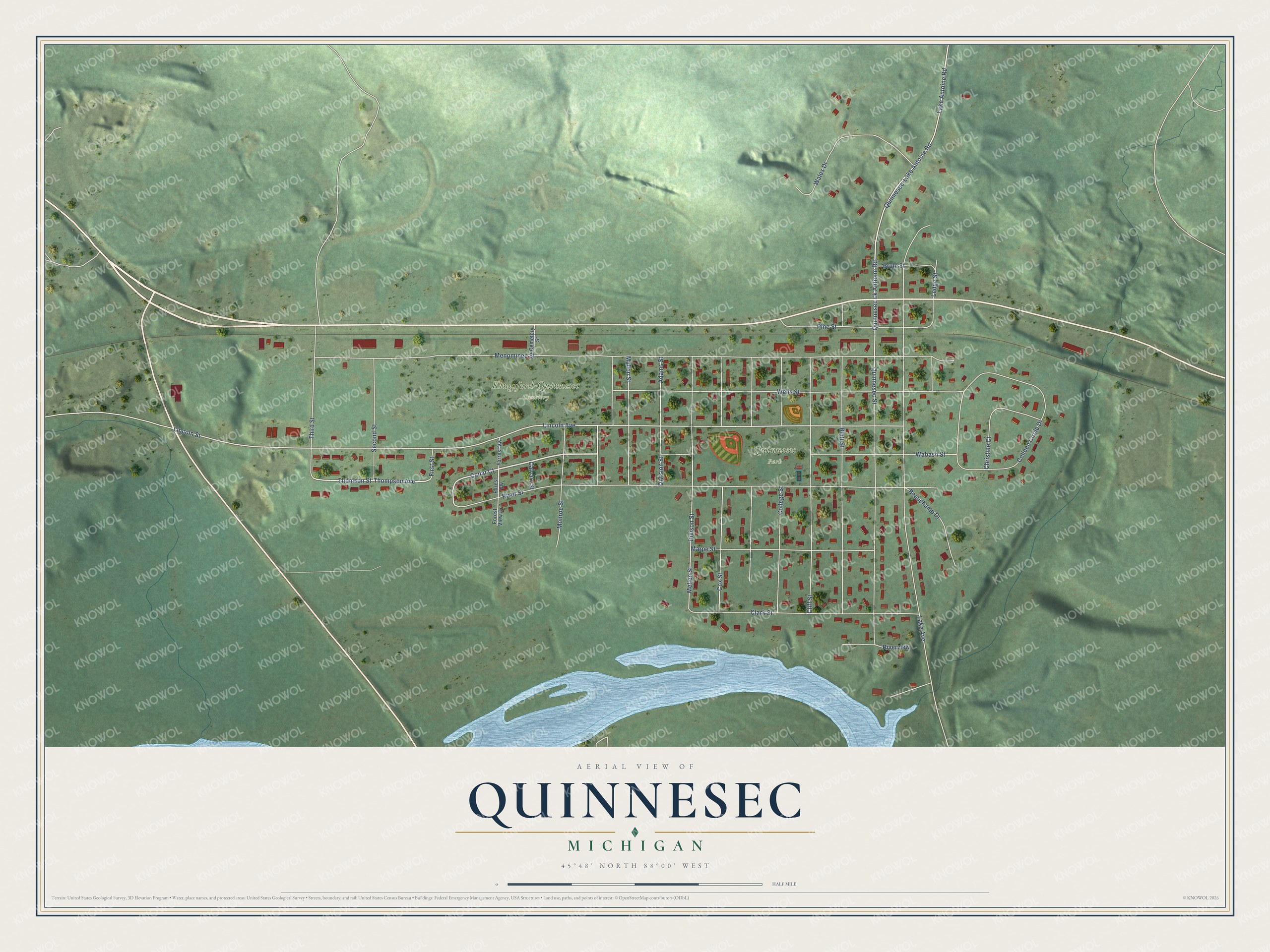Full map of Quinnesec, Michigan, with red buildings, printed street names and the land around them