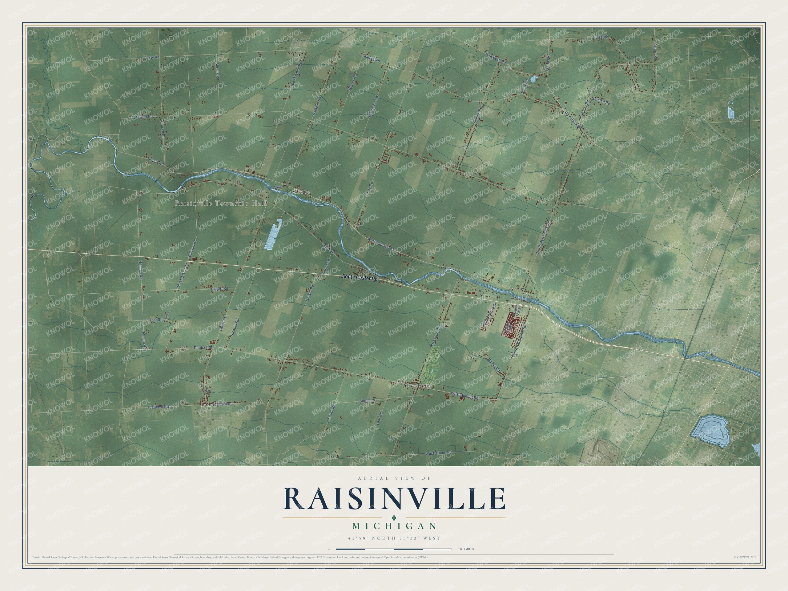 Full map of Raisinville, Michigan, with red buildings, printed street names and the land around them