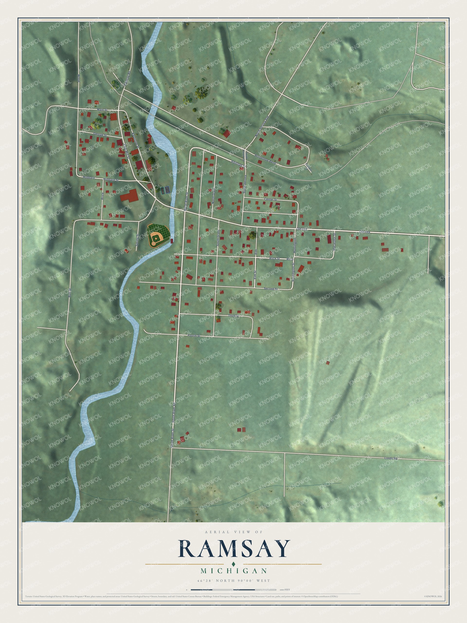 Full map of Ramsay, Michigan, with red buildings, printed street names and the land around them