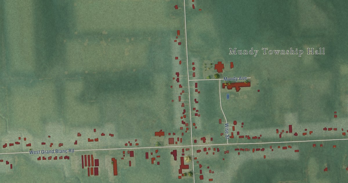 Close-up of streets and buildings in Rankin, Michigan