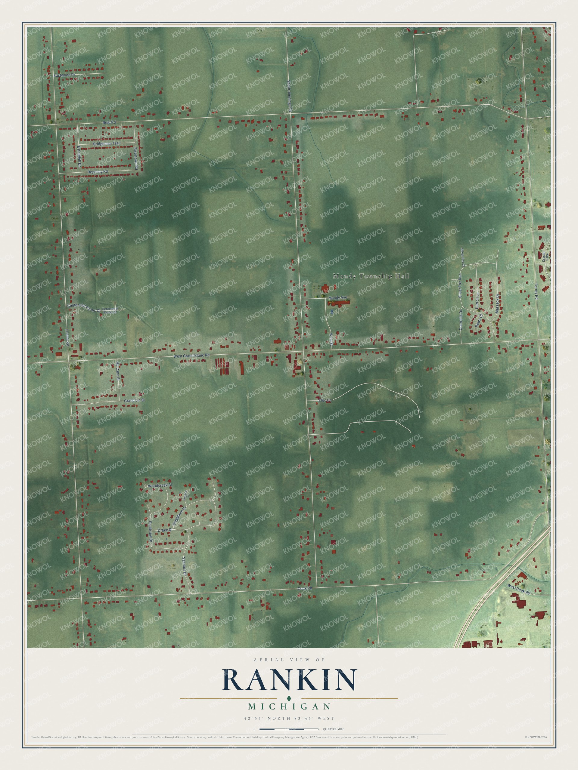 Full map of Rankin, Michigan, with red buildings, printed street names and the land around them