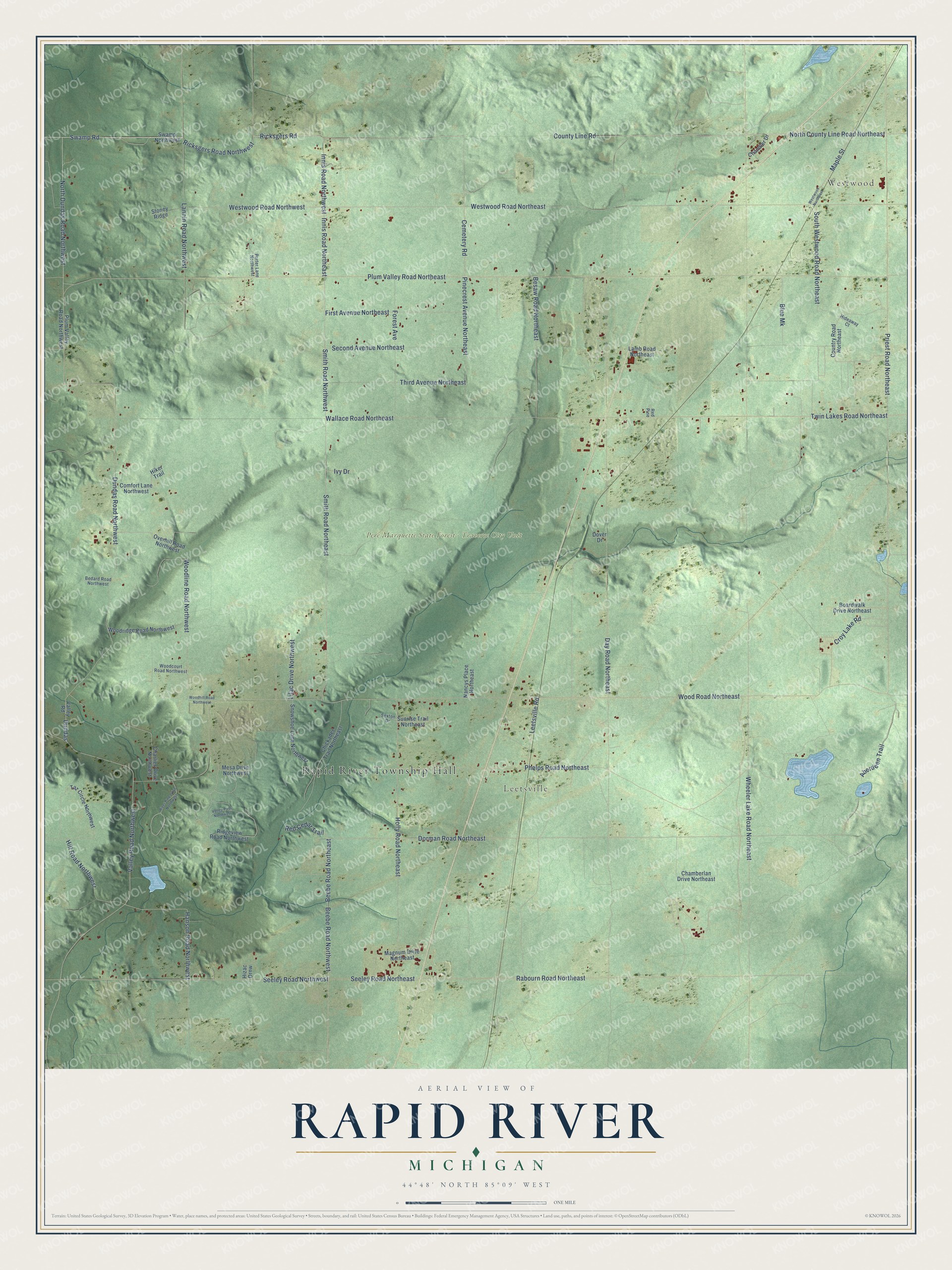 Full map of Rapid River, Michigan, with red buildings, printed street names and the land around them
