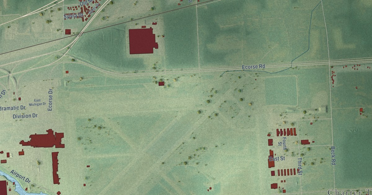Close-up of streets and buildings in Rawsonville, Michigan
