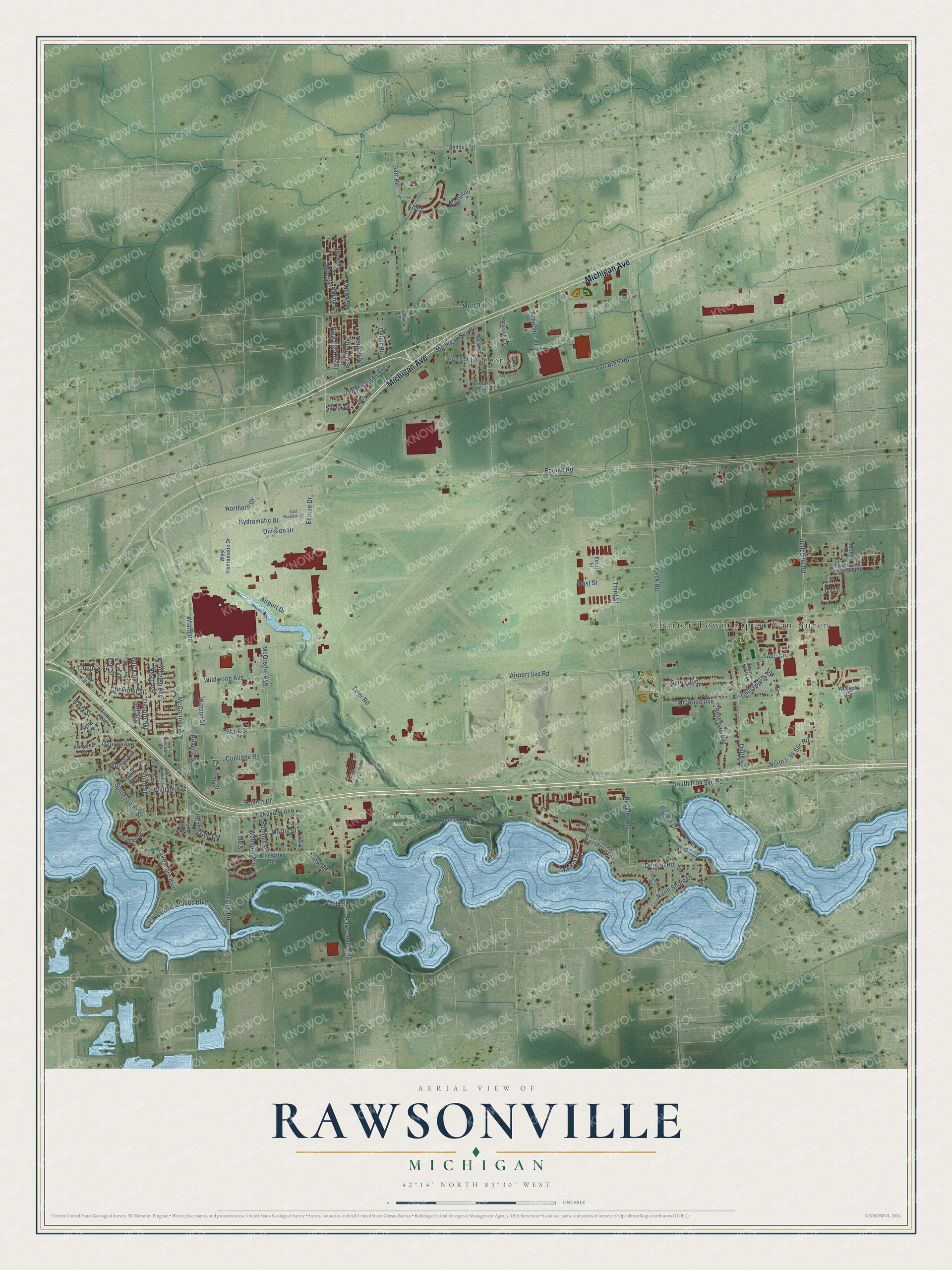 Full map of Rawsonville, Michigan, with red buildings, printed street names and the land around them