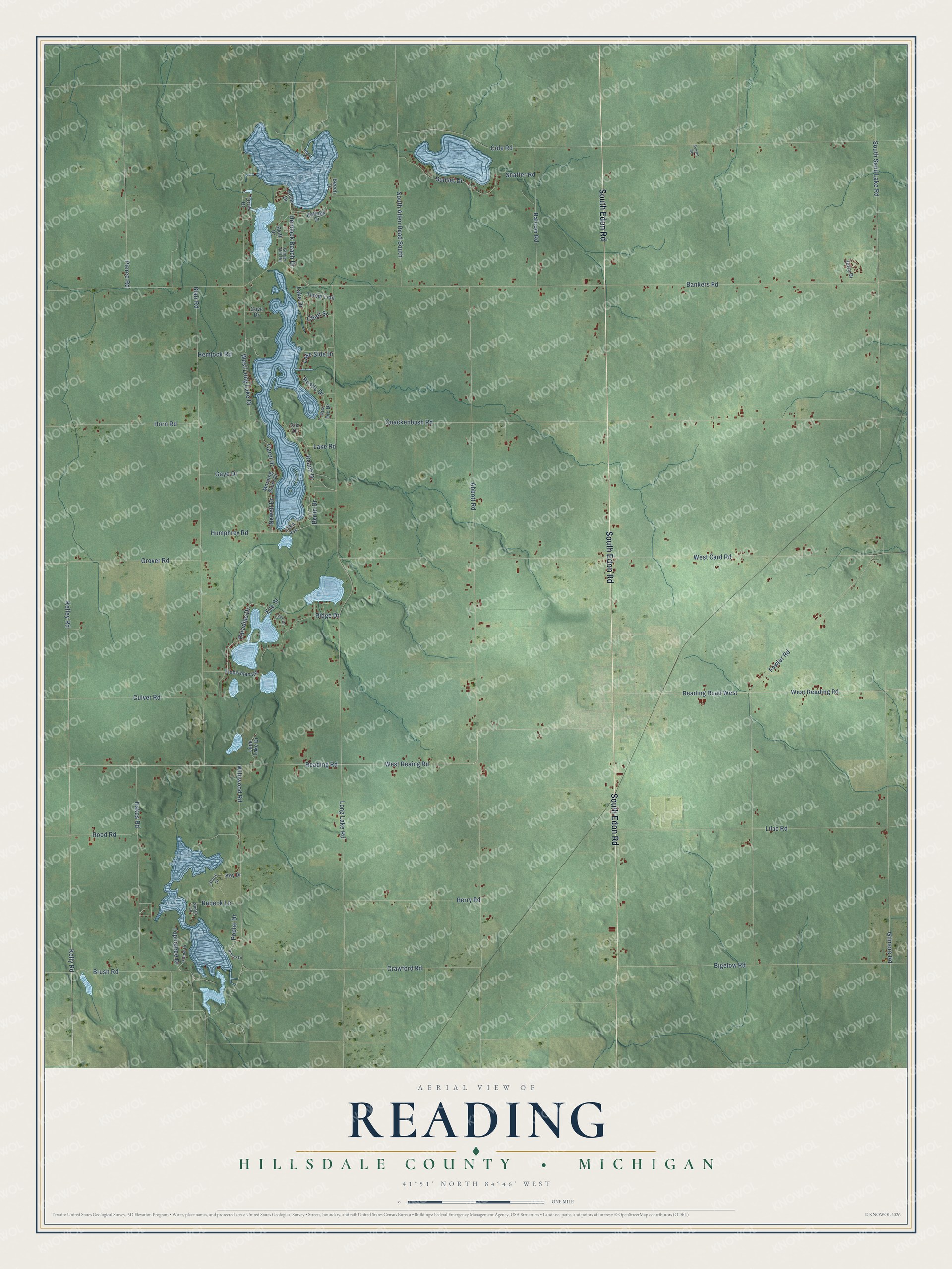 Full map of Reading, Michigan, with red buildings, printed street names and the land around them