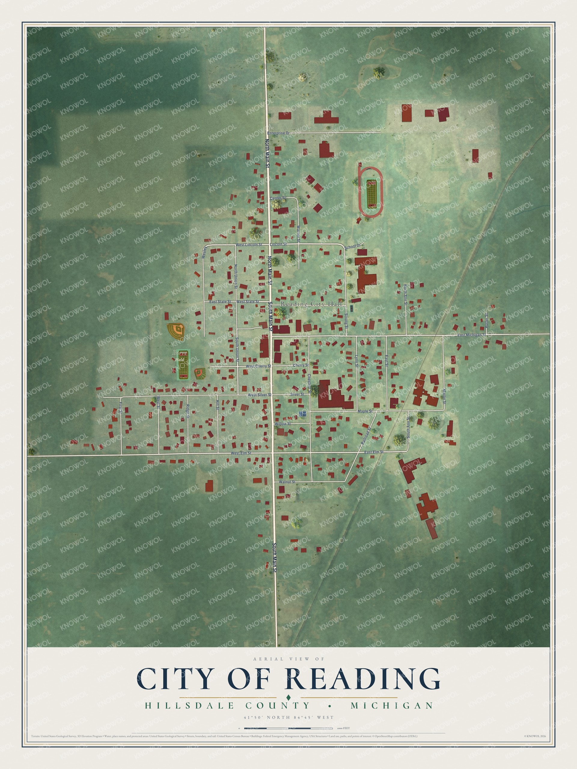 Full map of Reading, Michigan, with red buildings, printed street names and the land around them