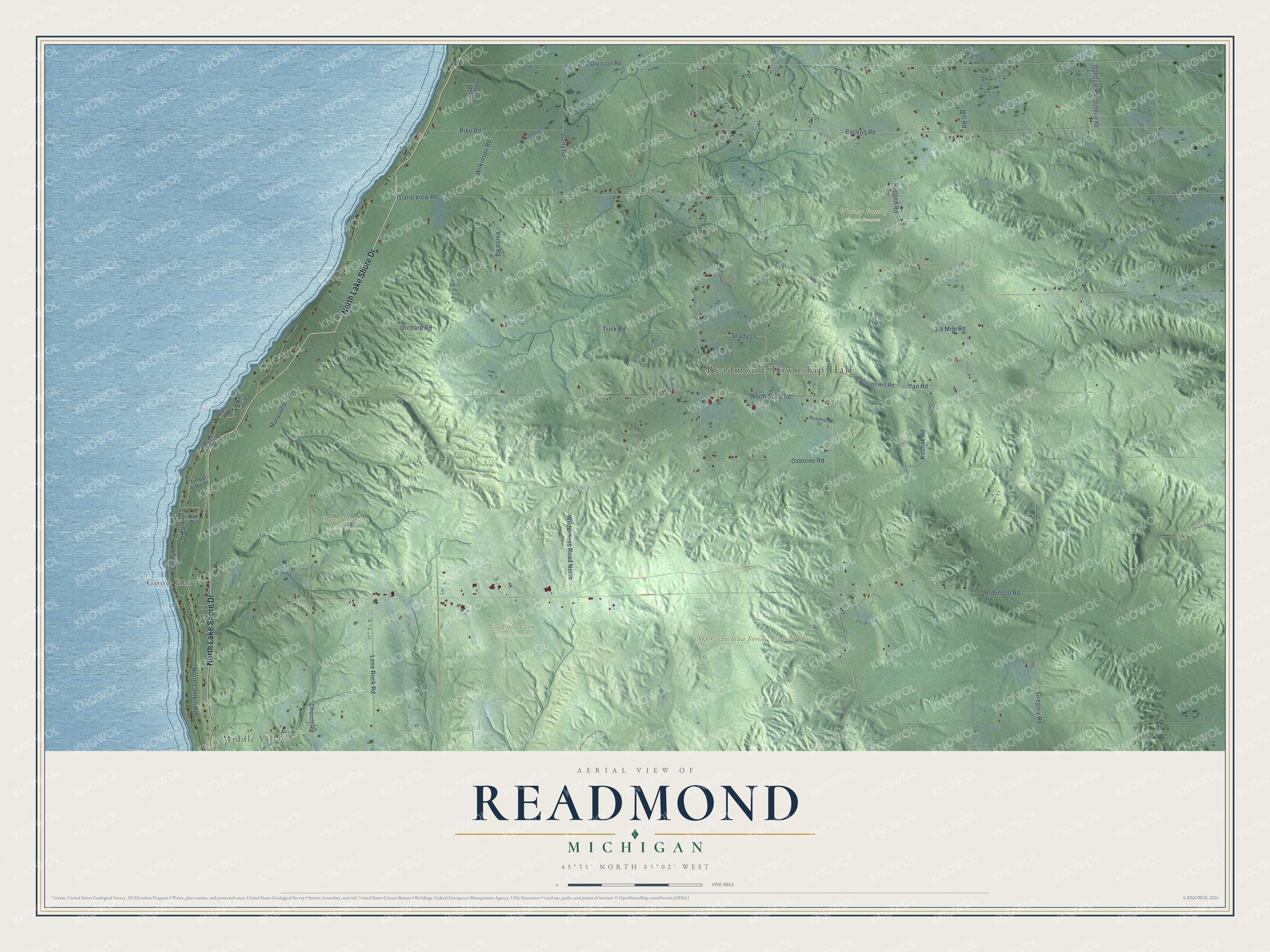 Full map of Readmond, Michigan, with red buildings, printed street names and the land around them