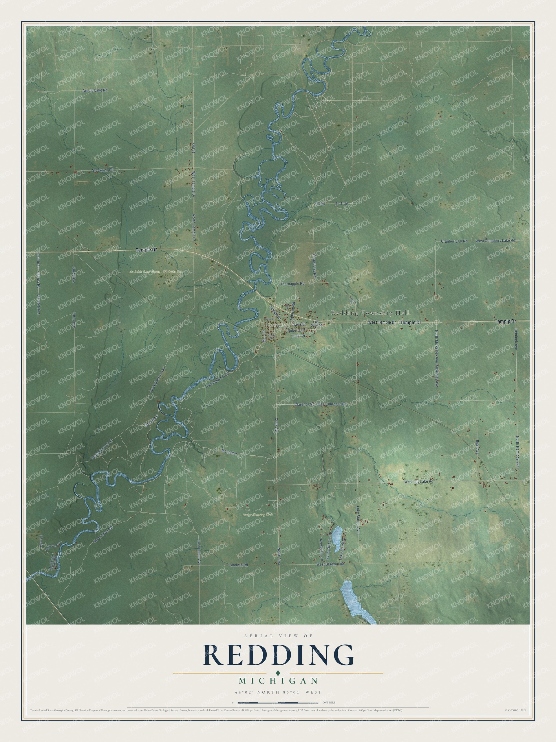 Full map of Redding, Michigan, with red buildings, printed street names and the land around them