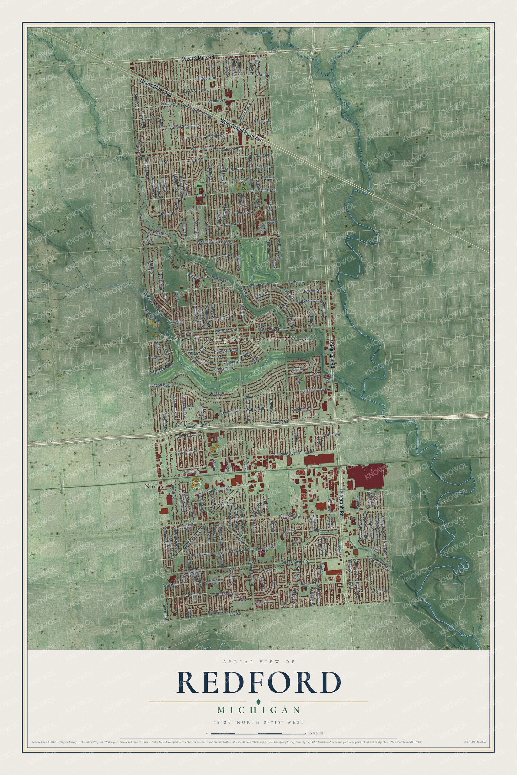 Watermarked full-map preview of Redford, Michigan