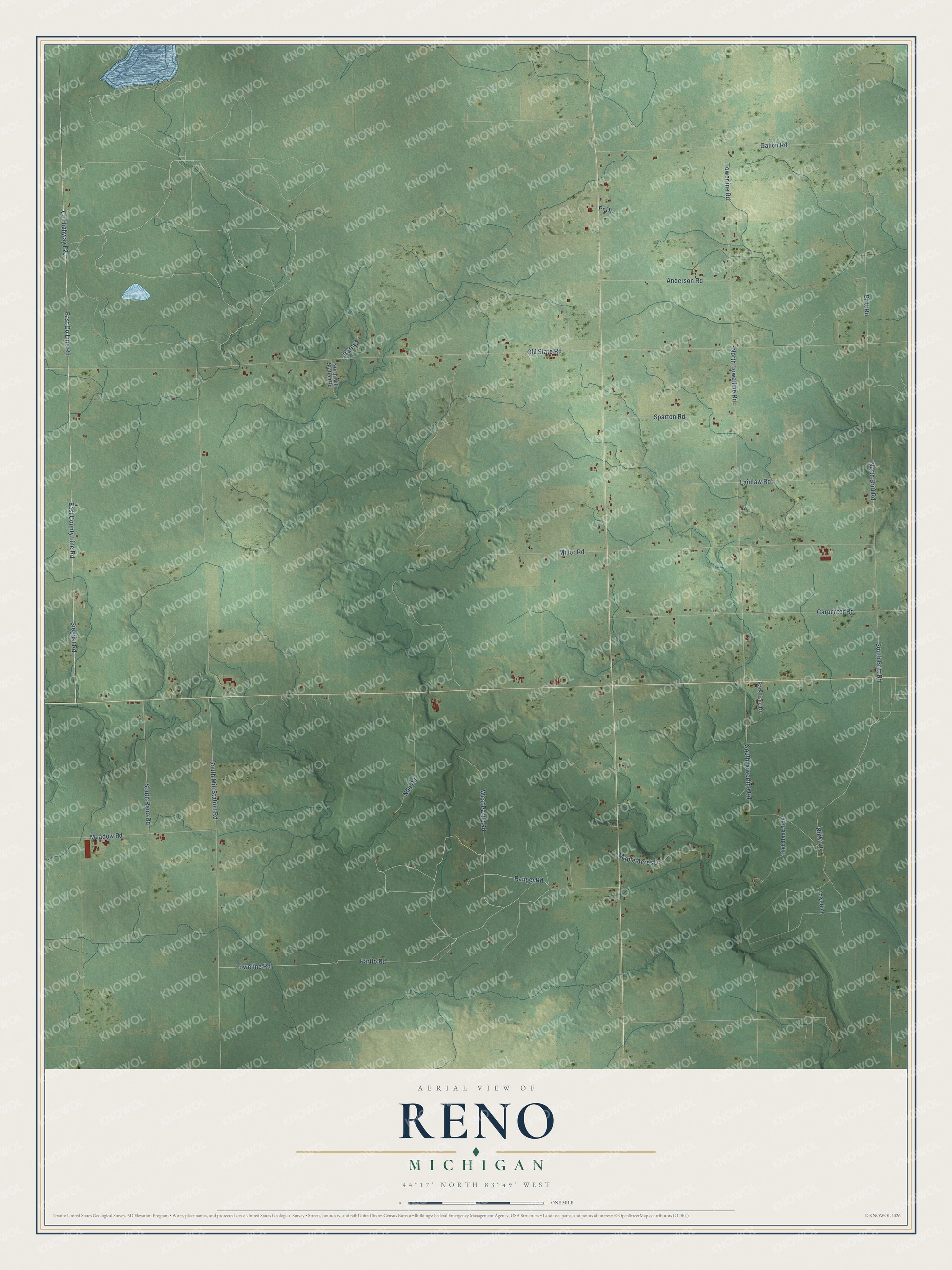 Full map of Reno, Michigan, with red buildings, printed street names and the land around them