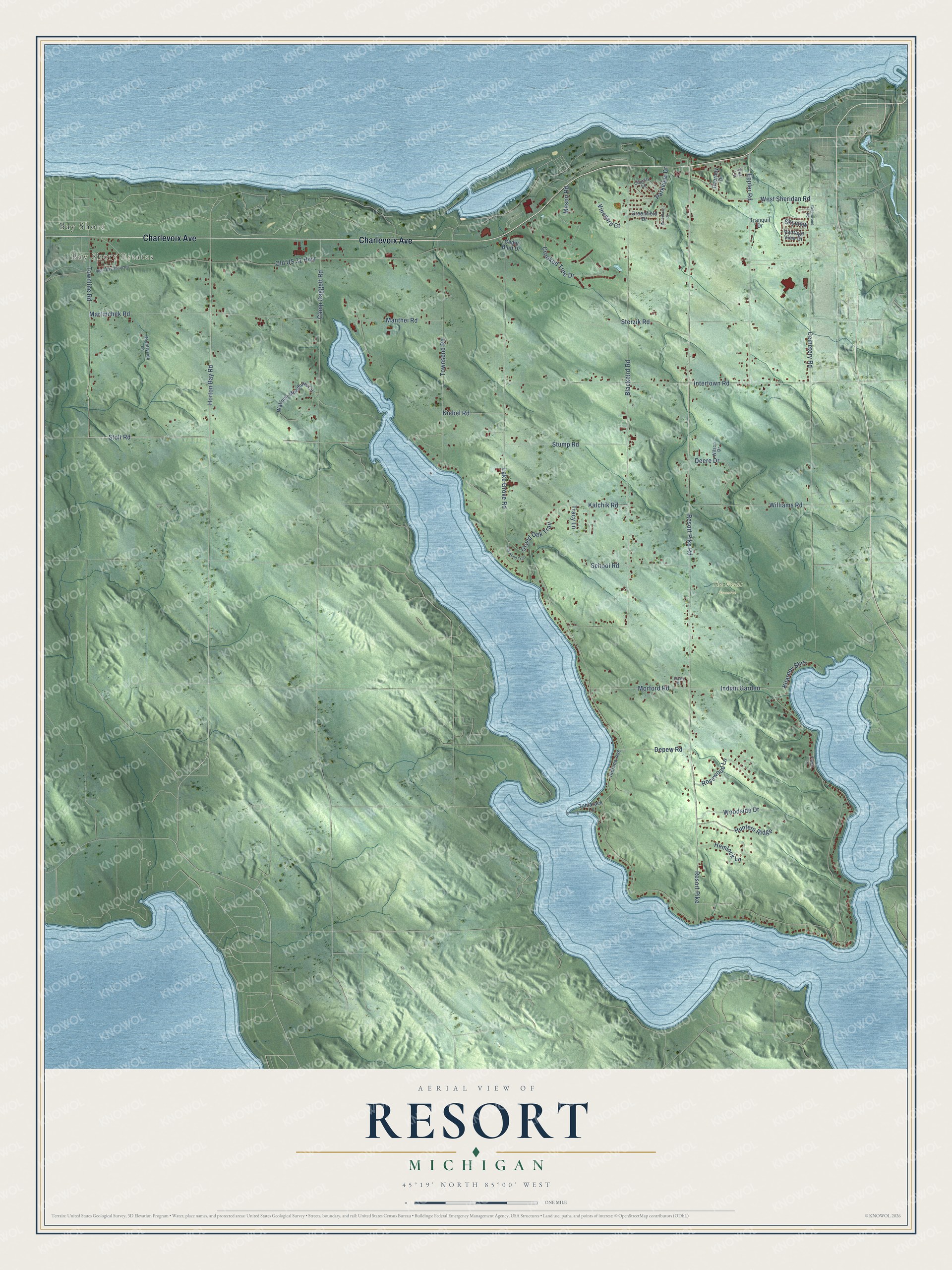 Full map of Resort, Michigan, with red buildings, printed street names and the land around them