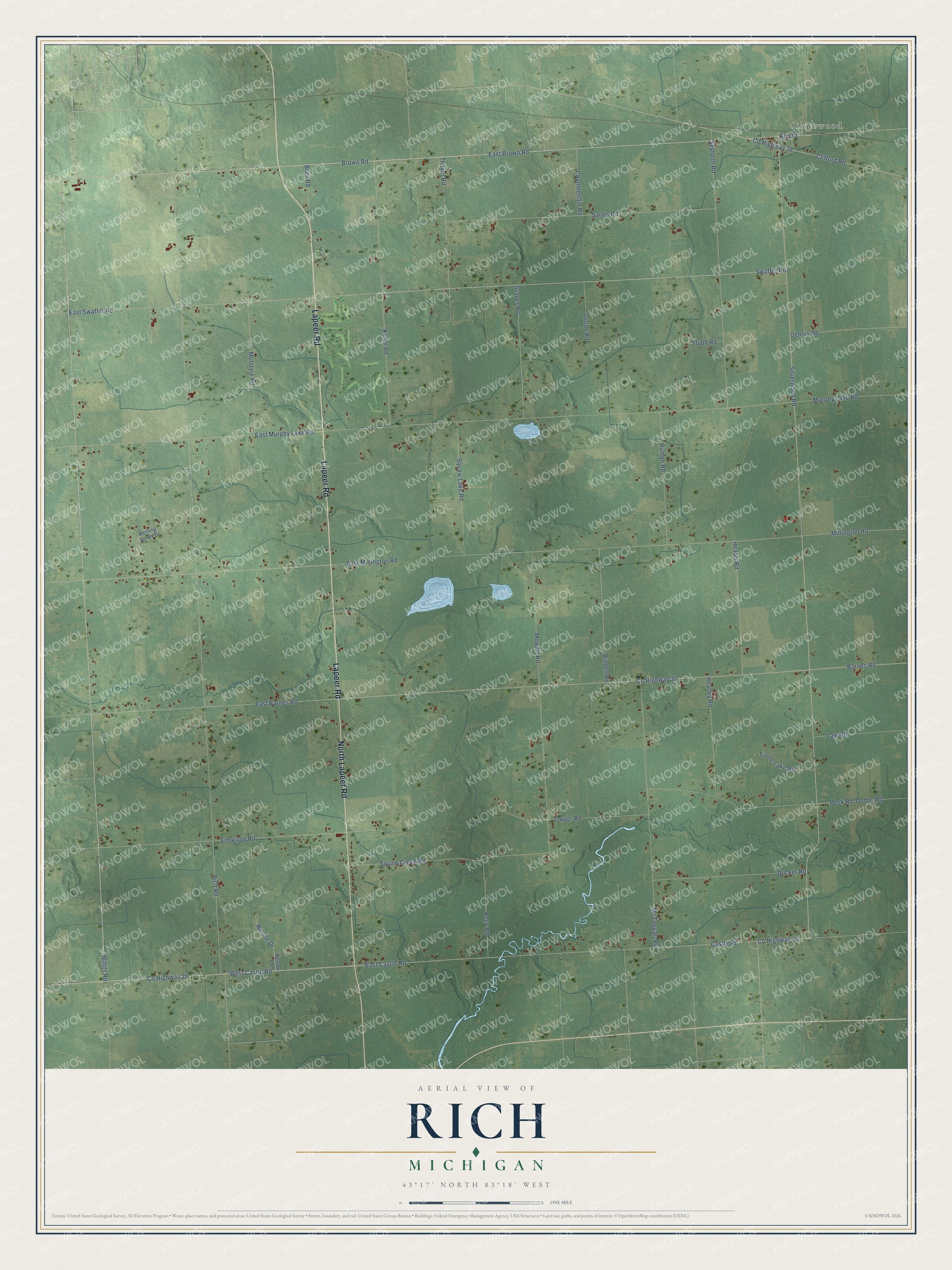 Full map of Rich, Michigan, with red buildings, printed street names and the land around them