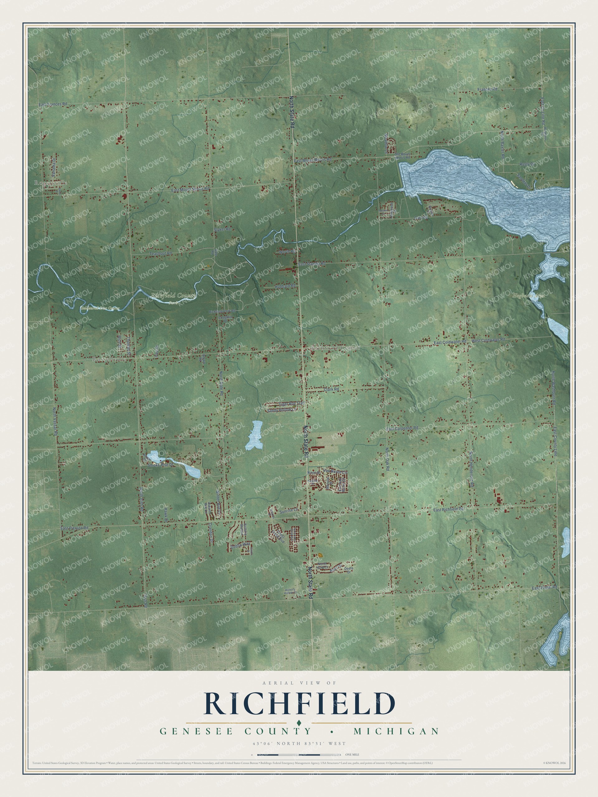 Full map of Richfield, Michigan, with red buildings, printed street names and the land around them