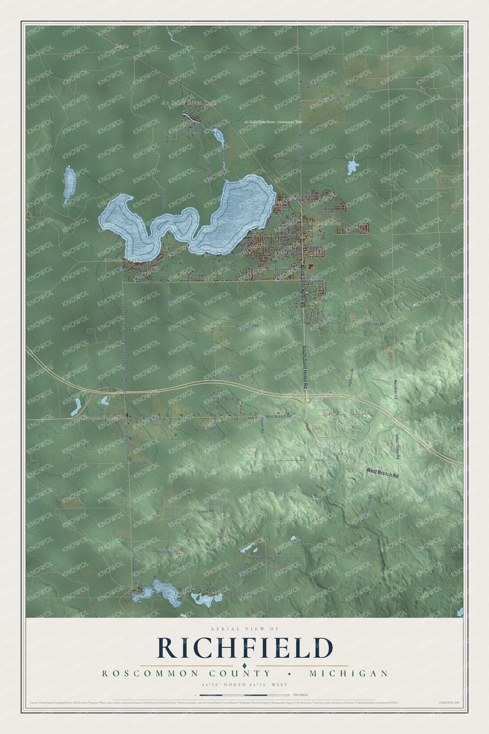 Full map of Richfield, Michigan, with red buildings, printed street names and the land around them