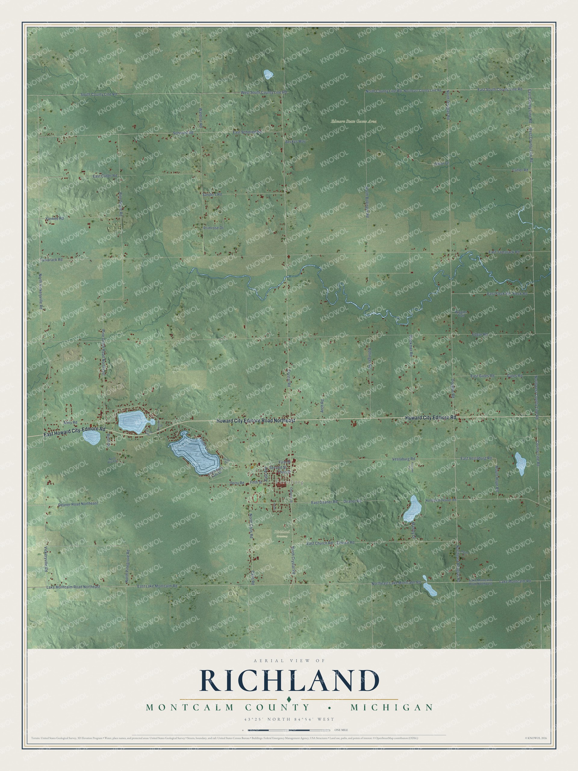 Full map of Richland, Michigan, with red buildings, printed street names and the land around them
